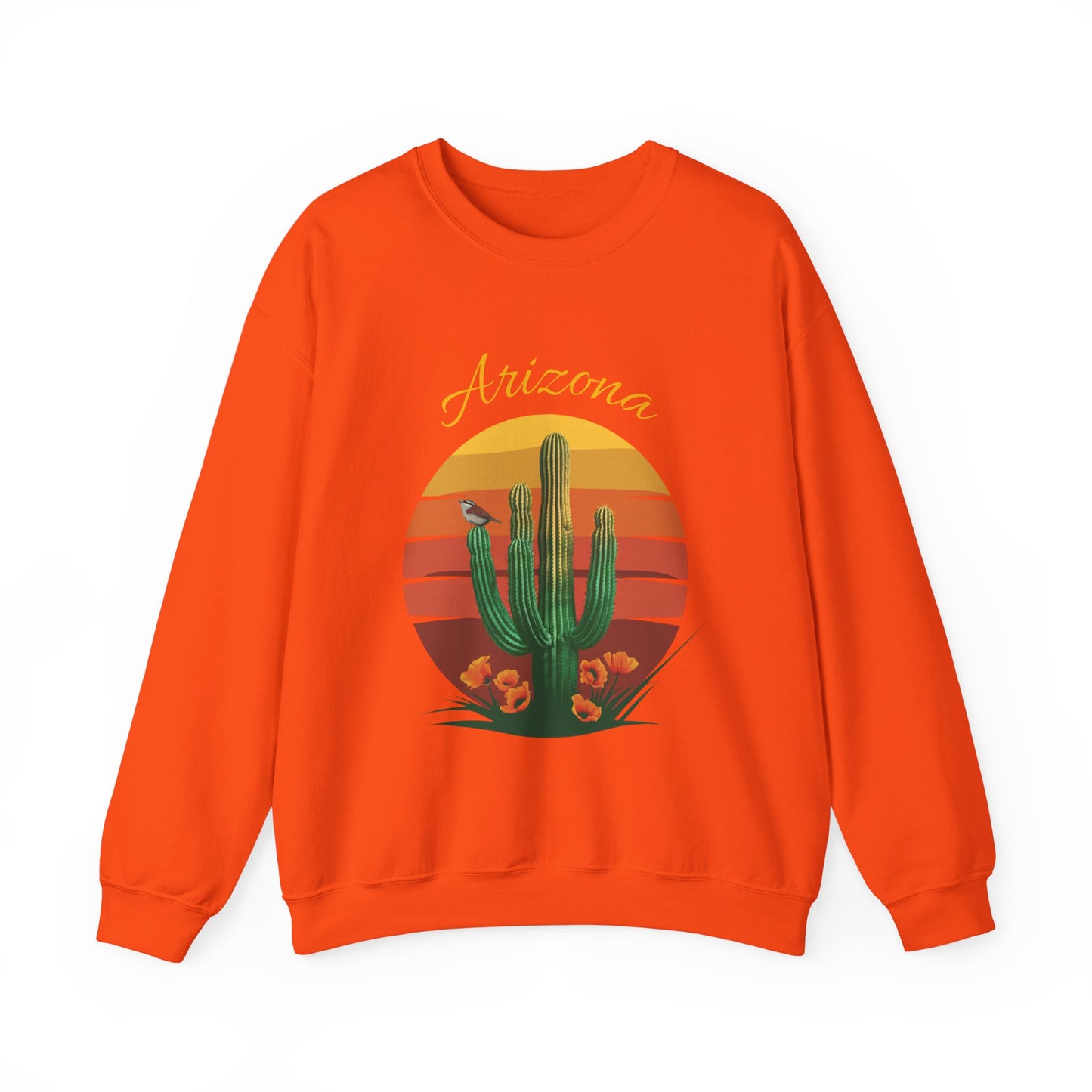Crewneck Sweatshirt with Saguaro, Arizona Poppy, and Cactus Wren Design
