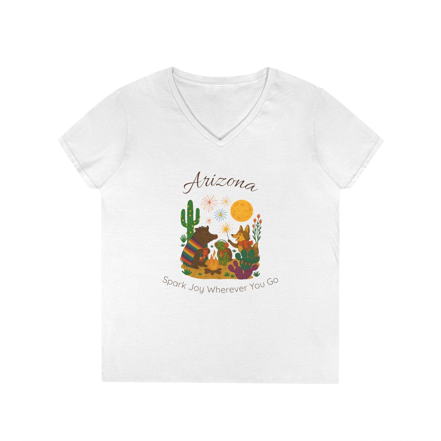 Arizona Sun Ladies' V-Neck T-Shirt, SPark Joy, Southwest Vibe Tee, Cute Animal Design, Gift for Nature Lovers, Summer Casual Wear