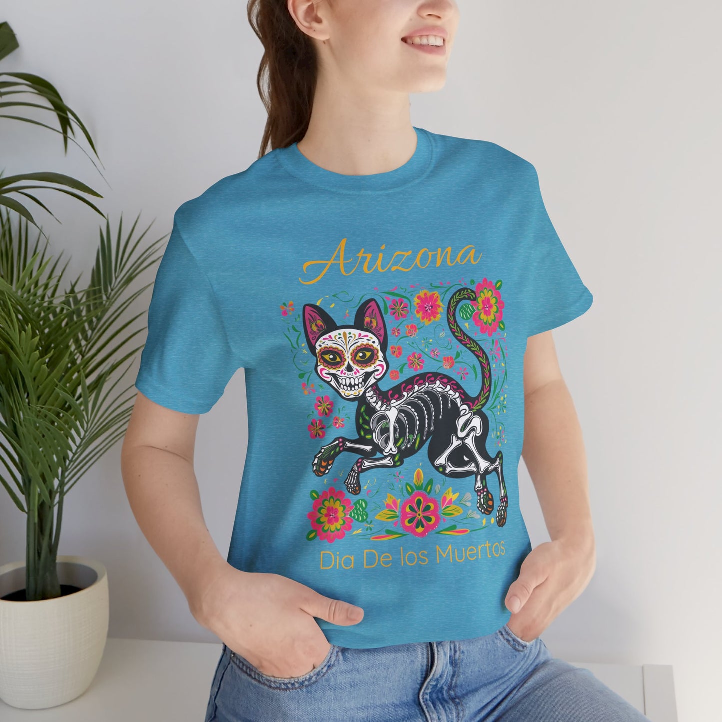 Día de los Muertos Cat Tee: Unisex Jersey Short Sleeve Tee, Halloween Shirt, Arizona Apparel, Festival T-Shirt, Cultural Celebration Top