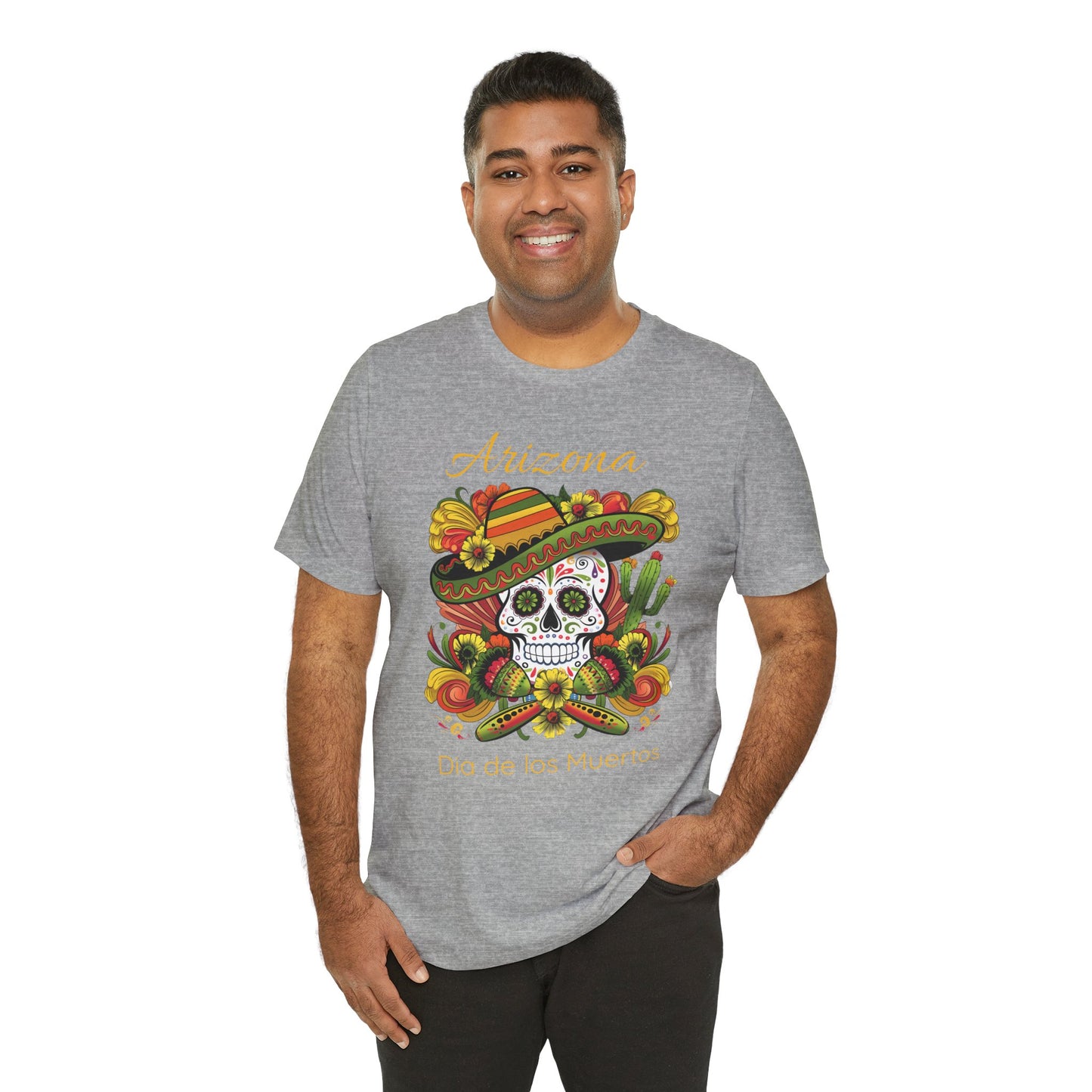 Dia de los Muertos Unisex Jersey Tee, Colorful Skull T-Shirt, Arizona Design, Holiday Apparel, Casual Wear, Gifts for Him and Her