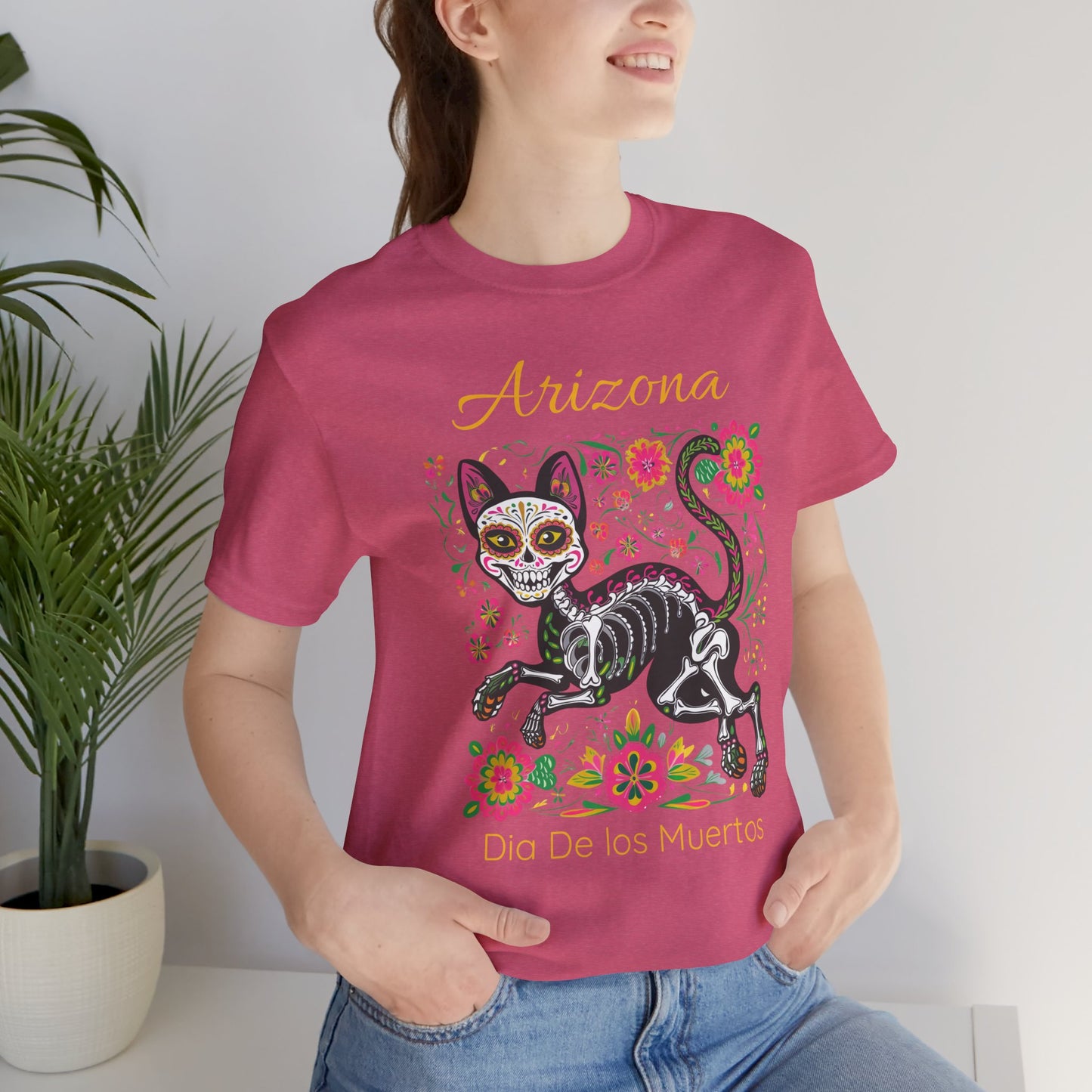Día de los Muertos Cat Tee: Unisex Jersey Short Sleeve Tee, Halloween Shirt, Arizona Apparel, Festival T-Shirt, Cultural Celebration Top