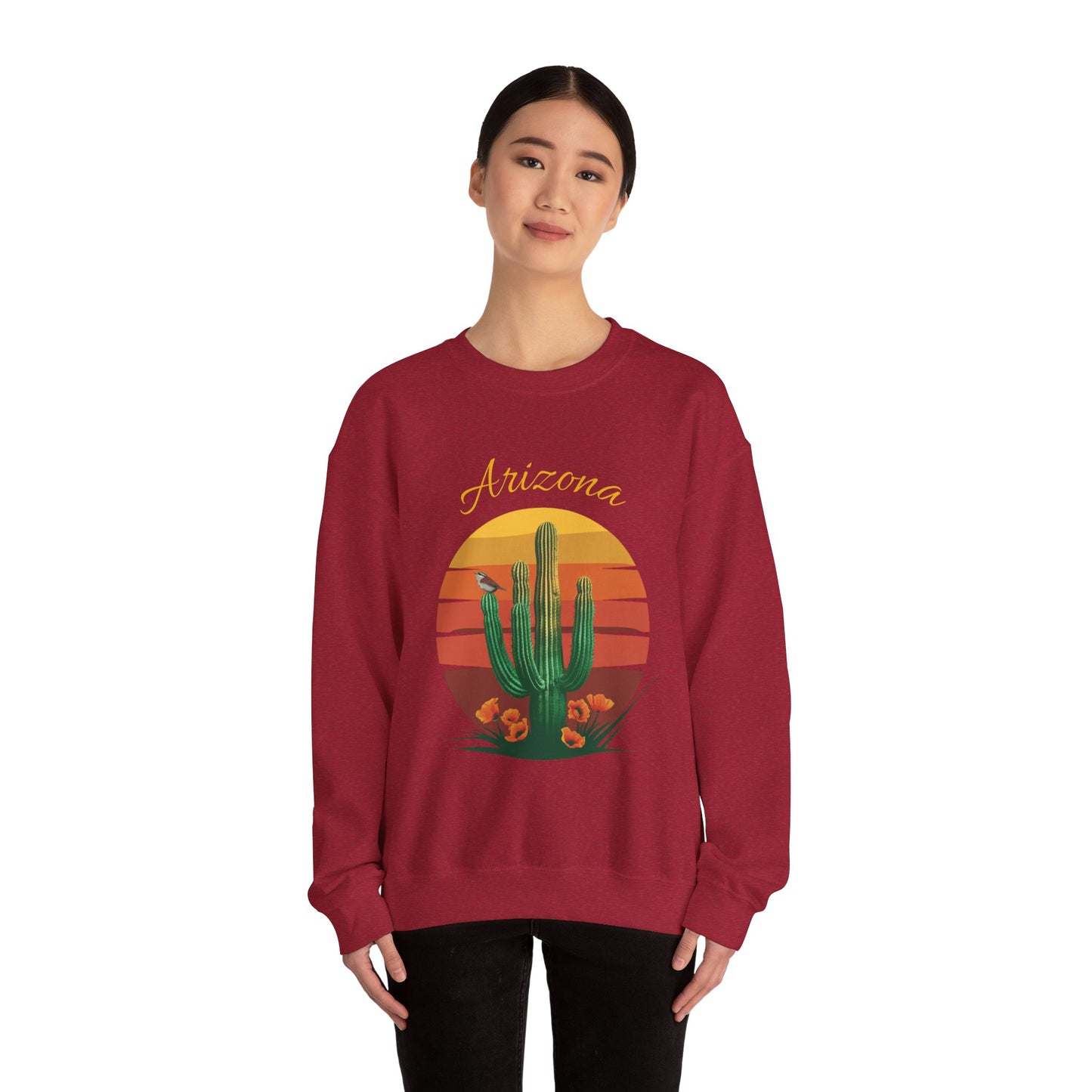 Crewneck Sweatshirt with Saguaro, Arizona Poppy, and Cactus Wren Design