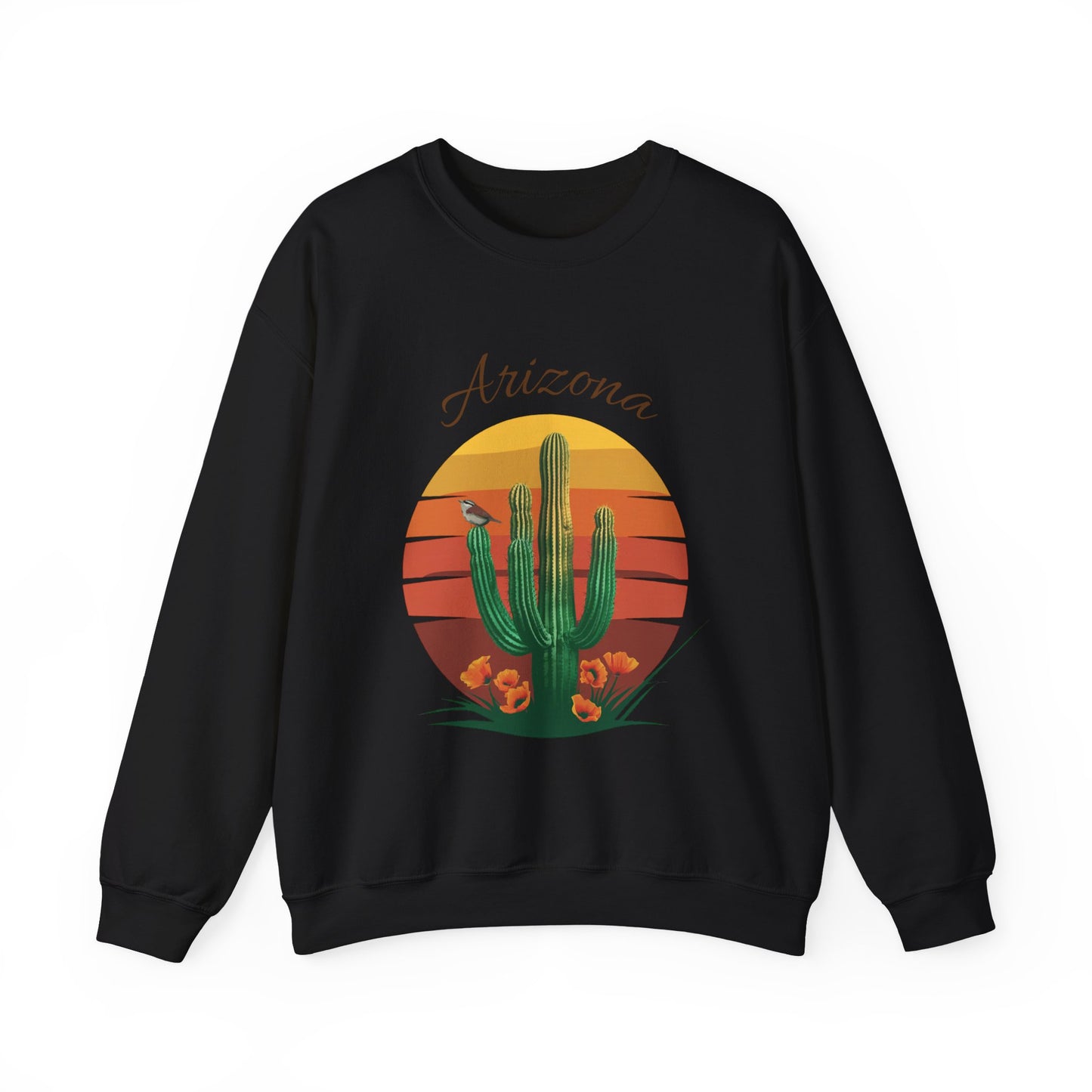Crewneck Sweatshirt with Saguaro, Arizona Poppy, and Cactus Wren Design