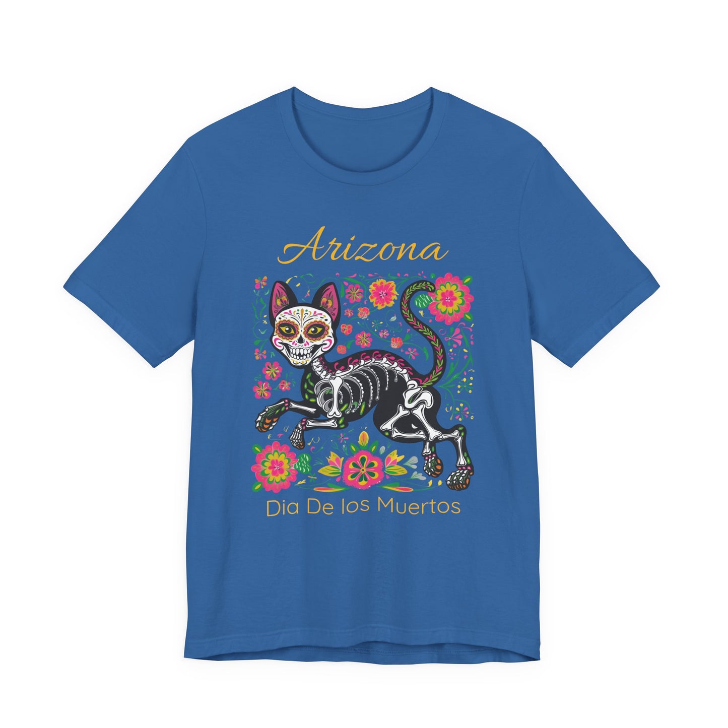 Día de los Muertos Cat Tee: Unisex Jersey Short Sleeve Tee, Halloween Shirt, Arizona Apparel, Festival T-Shirt, Cultural Celebration Top