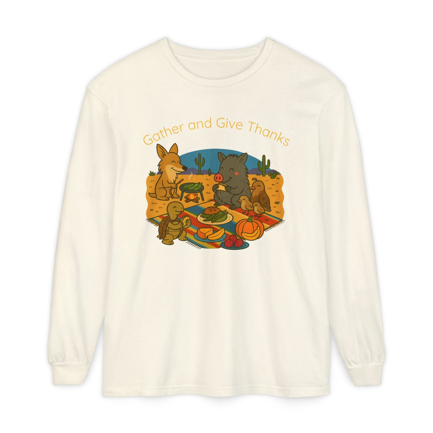 Thanksgiving Gather and Give Thanks Long Sleeve T-Shirt, Cute Sonoran Desert animal Design, Fall Apparel, Unisex Casual Wear, Holiday Gift