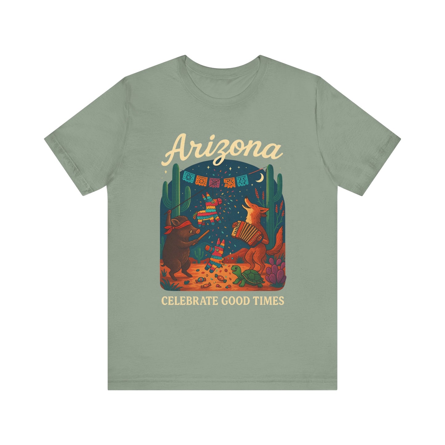 Desert Wildlife T-Shirt – Sonoran Desert Arizona coyote and javelina dancing at Pinata Party, Celebrate Good Times