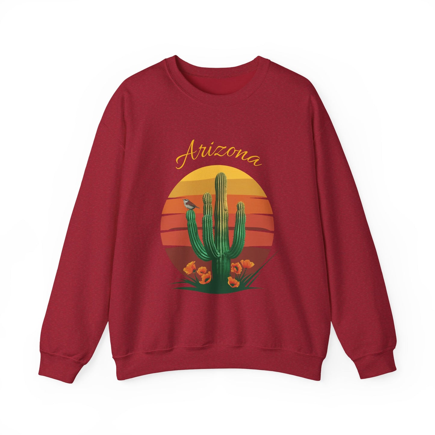 Crewneck Sweatshirt with Saguaro, Arizona Poppy, and Cactus Wren Design
