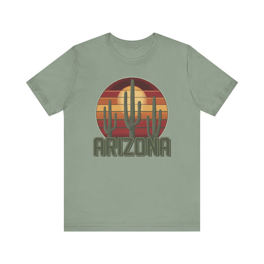 Arizona Desert Landscape Three Saguaro Cactus at Sunset Graphic Tee for Nature Lovers, Boho Summer Shirt, Gift for Adventurers, Vacation Wear, Casual Outfit