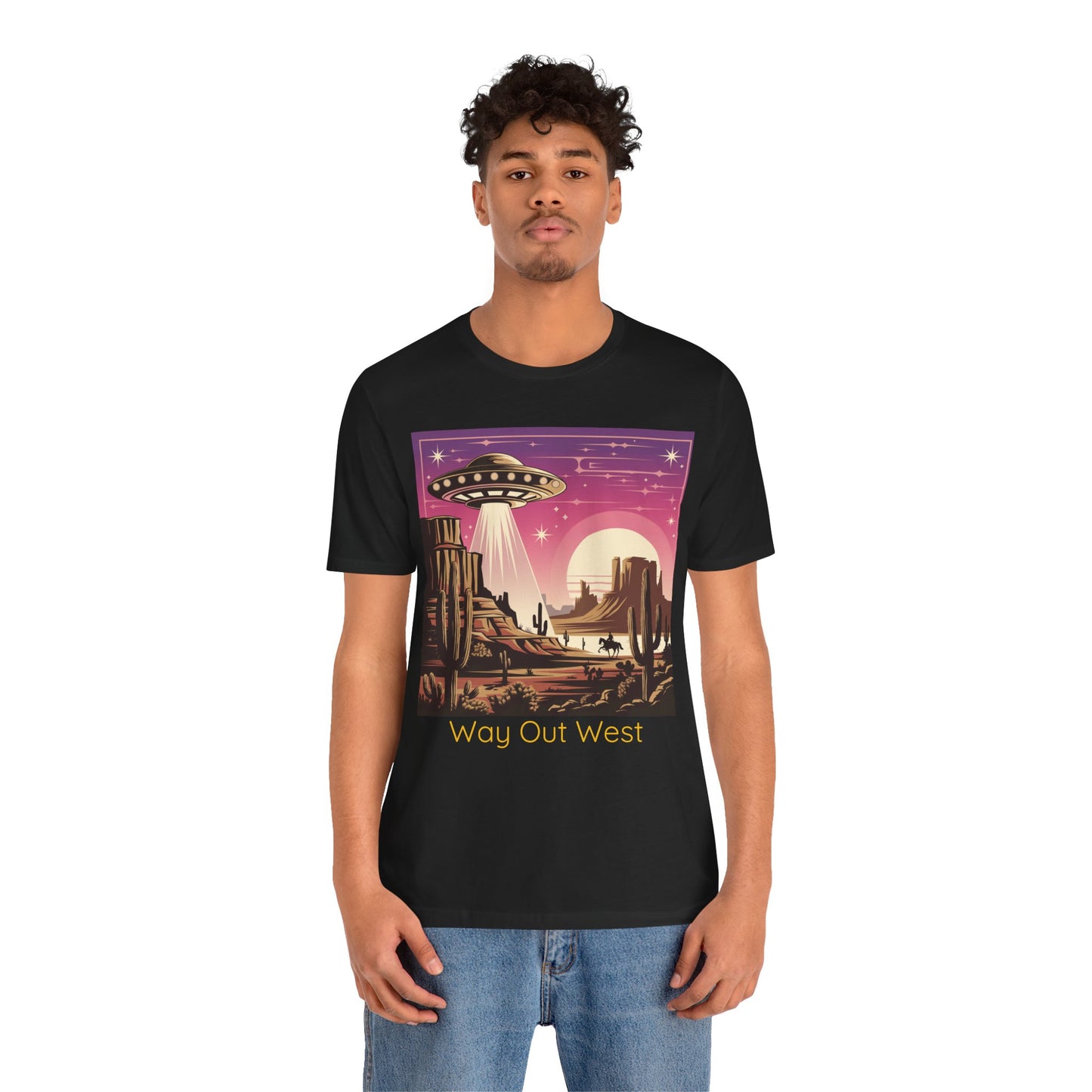 Retro UFO Graphic Tee, Way Out West T-Shirt, Unisex Casual Shirt, Vintage Style Top, Gift for Space Lovers, Outdoor Adventure Wear