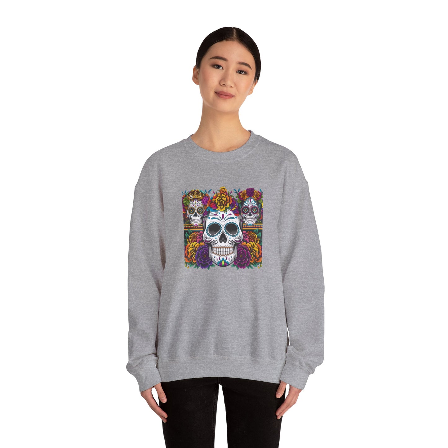 Sugar Skull Crewneck Sweatshirt, Cozy Sweatshirt, Day of the Dead Gift, Unisex Sweatshirt, Halloween Apparel, Colorful Sweatshirt