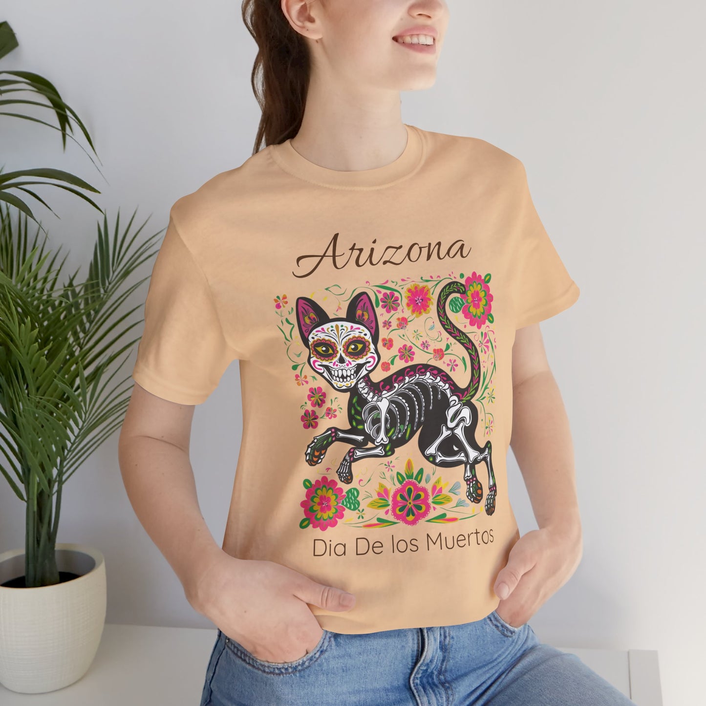 Día de los Muertos Cat Tee: Unisex Jersey Short Sleeve Tee, Halloween Shirt, Arizona Apparel, Festival T-Shirt, Cultural Celebration Top