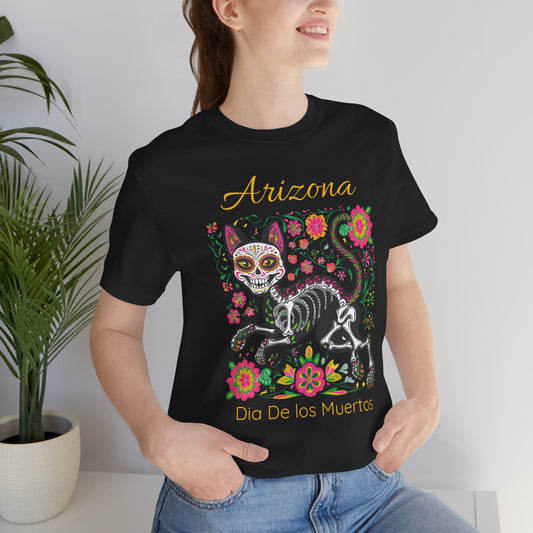 Día de los Muertos Cat Tee: Unisex Jersey Short Sleeve Tee, Halloween Shirt, Arizona Apparel, Festival T-Shirt, Cultural Celebration Top