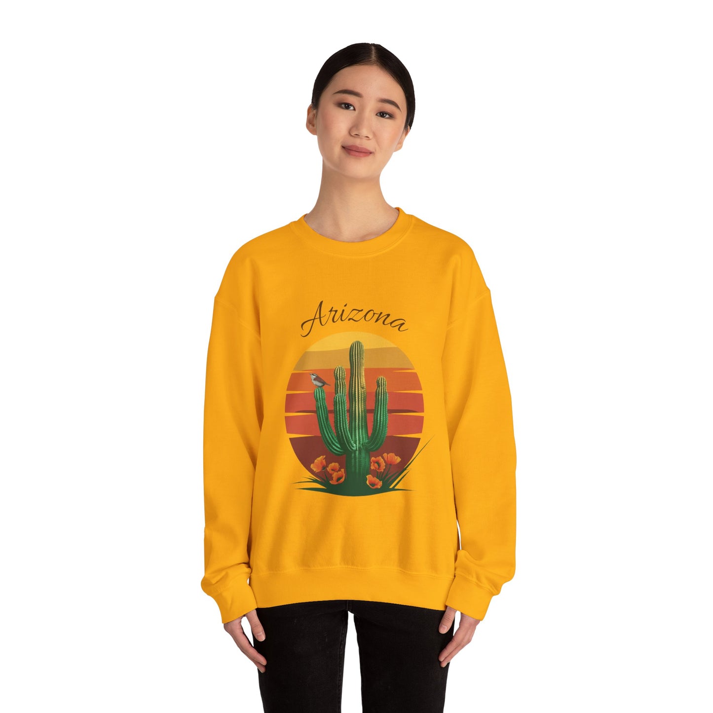 Crewneck Sweatshirt with Saguaro, Arizona Poppy, and Cactus Wren Design