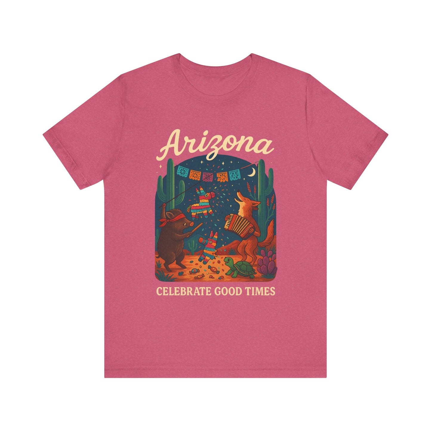 Desert Wildlife T-Shirt – Sonoran Desert Arizona coyote and javelina dancing at Pinata Party, Celebrate Good Times