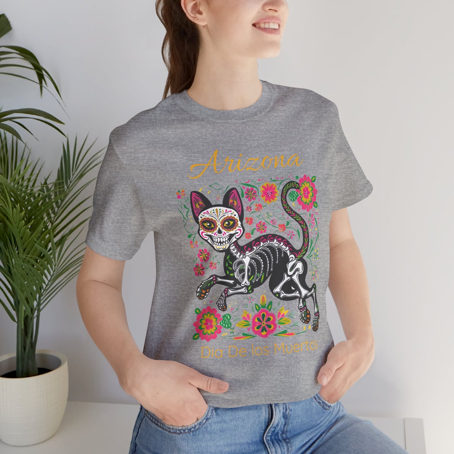 Día de los Muertos Cat Tee: Unisex Jersey Short Sleeve Tee, Halloween Shirt, Arizona Apparel, Festival T-Shirt, Cultural Celebration Top
