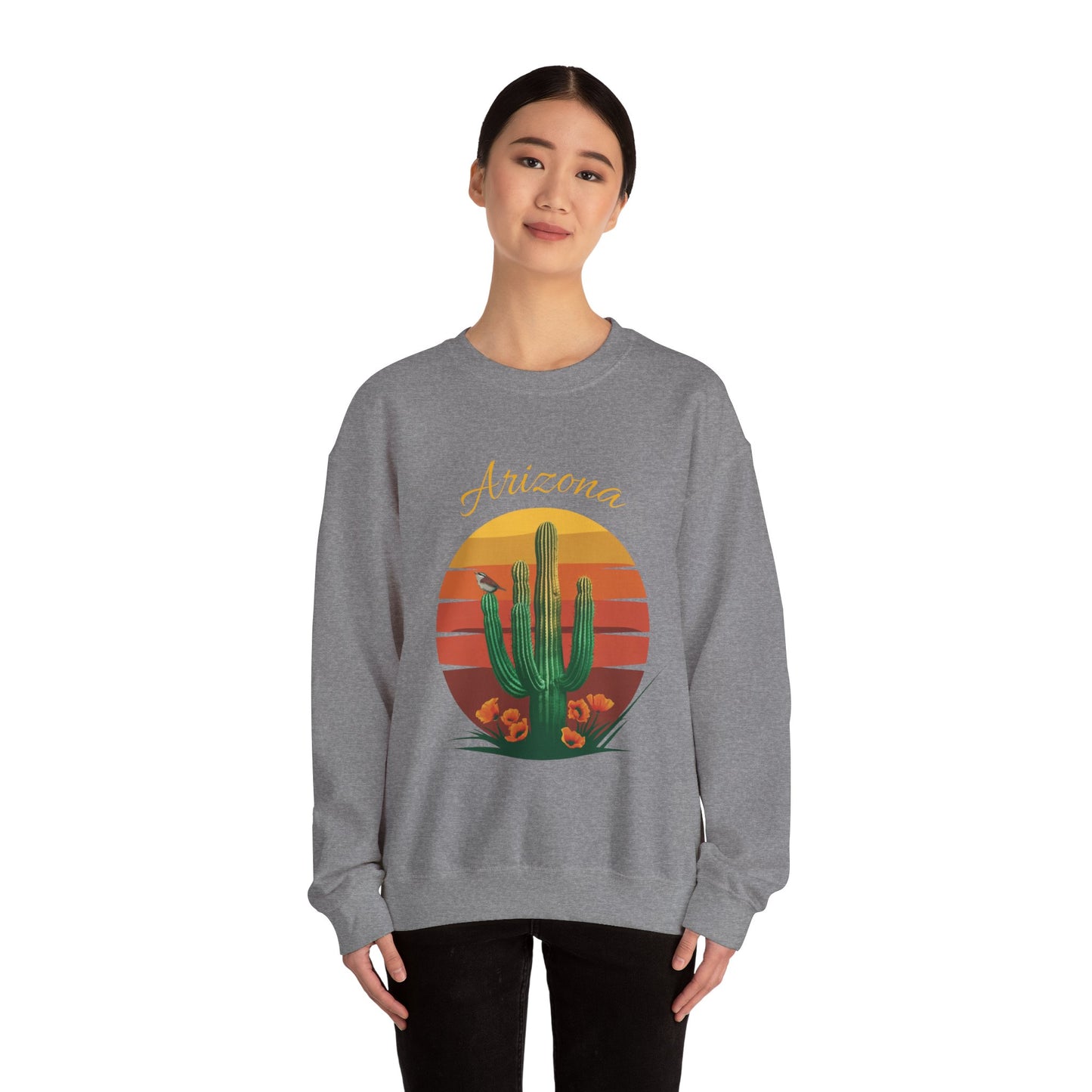 Crewneck Sweatshirt with Saguaro, Arizona Poppy, and Cactus Wren Design