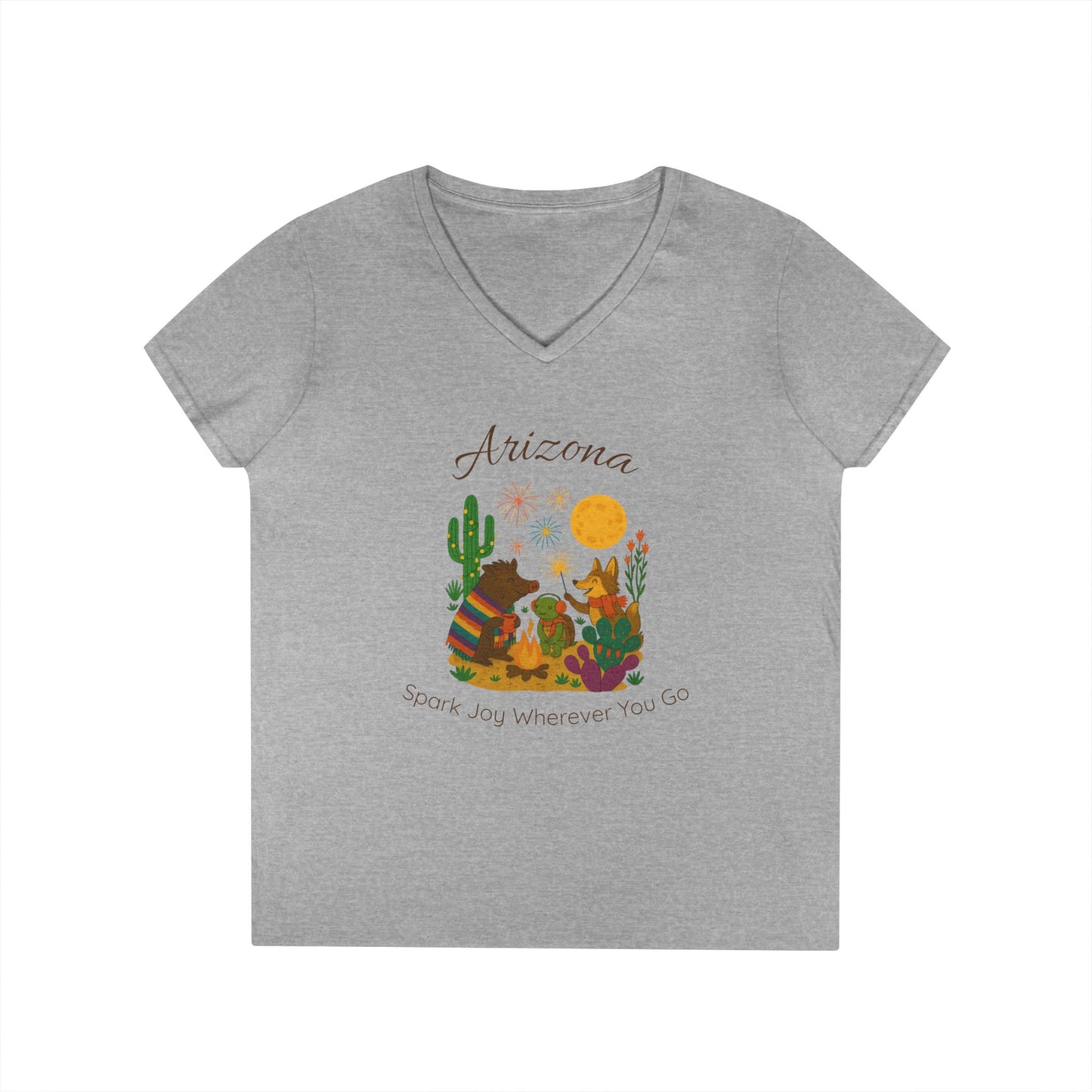 Arizona Sun Ladies' V-Neck T-Shirt, SPark Joy, Southwest Vibe Tee, Cute Animal Design, Gift for Nature Lovers, Summer Casual Wear