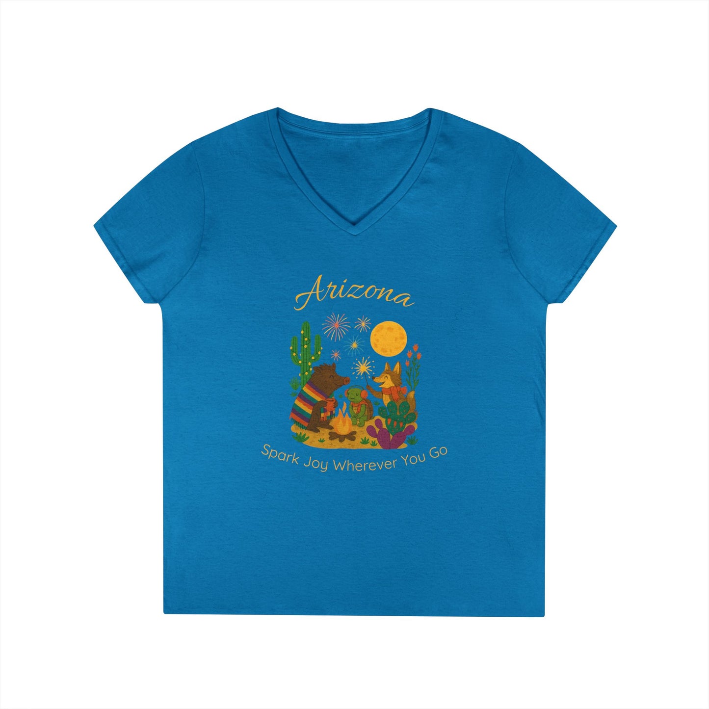 Arizona Sun Ladies' V-Neck T-Shirt, SPark Joy, Southwest Vibe Tee, Cute Animal Design, Gift for Nature Lovers, Summer Casual Wear