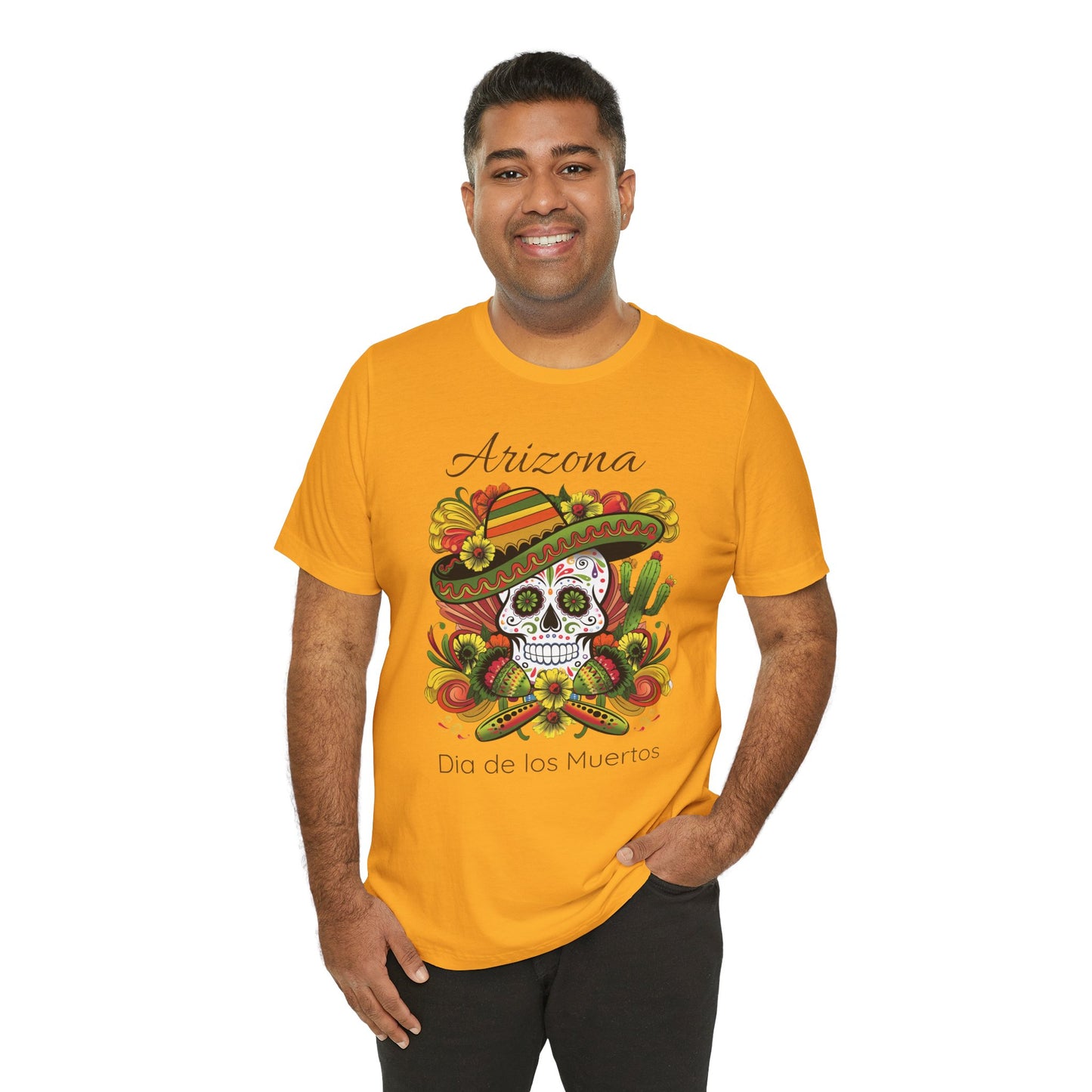 Dia de los Muertos Unisex Jersey Tee, Colorful Skull T-Shirt, Arizona Design, Holiday Apparel, Casual Wear, Gifts for Him and Her