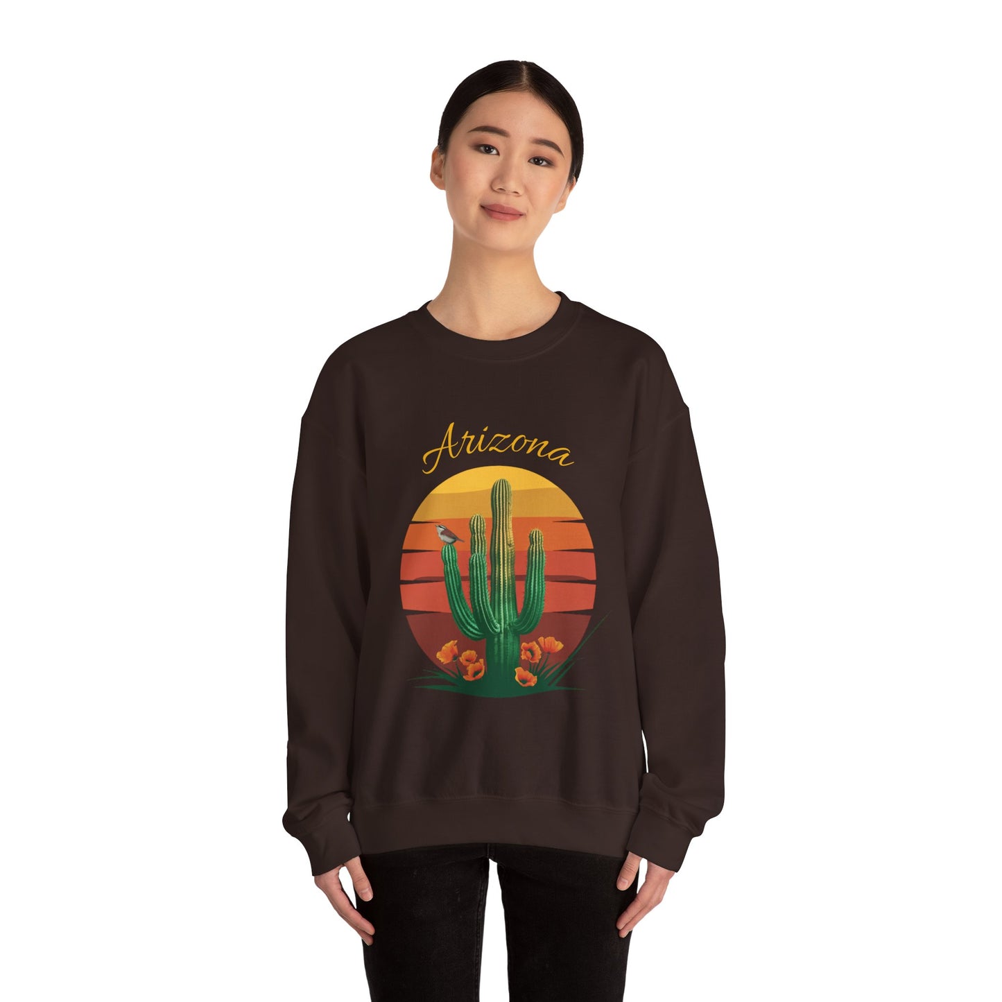 Crewneck Sweatshirt with Saguaro, Arizona Poppy, and Cactus Wren Design