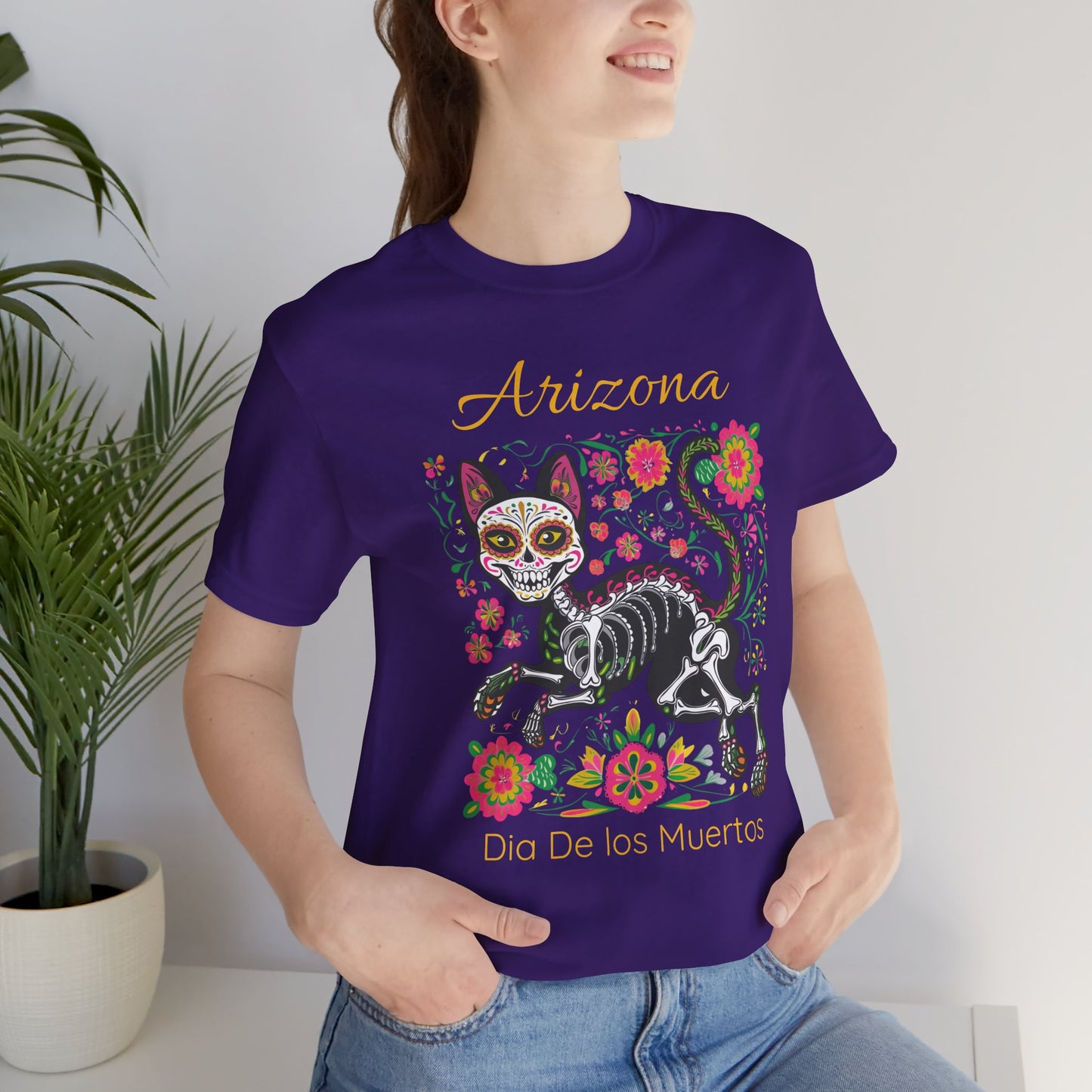 Día de los Muertos Cat Tee: Unisex Jersey Short Sleeve Tee, Halloween Shirt, Arizona Apparel, Festival T-Shirt, Cultural Celebration Top