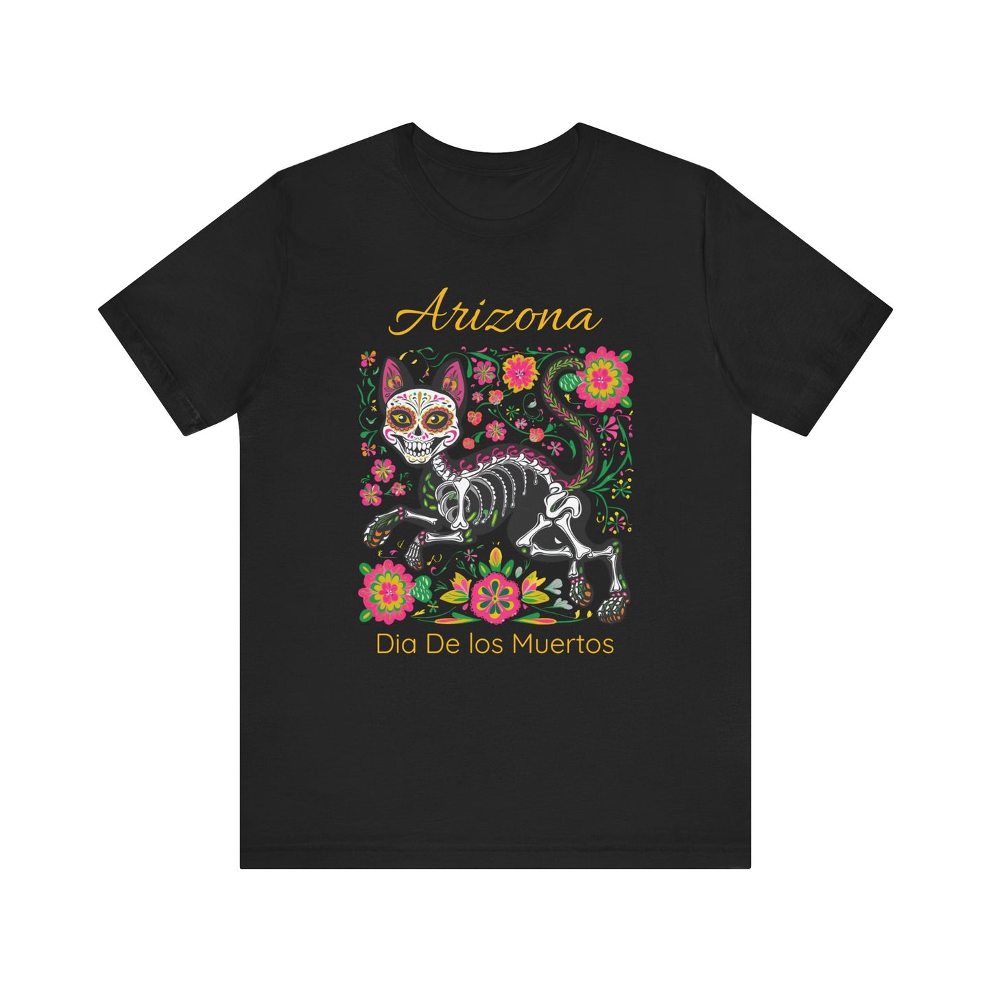 Día de los Muertos Cat Tee: Unisex Jersey Short Sleeve Tee, Halloween Shirt, Arizona Apparel, Festival T-Shirt, Cultural Celebration Top
