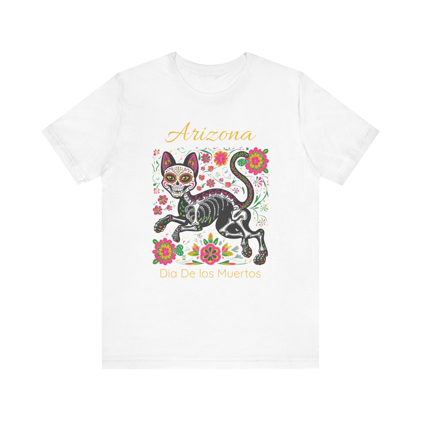 Día de los Muertos Cat Tee: Unisex Jersey Short Sleeve Tee, Halloween Shirt, Arizona Apparel, Festival T-Shirt, Cultural Celebration Top