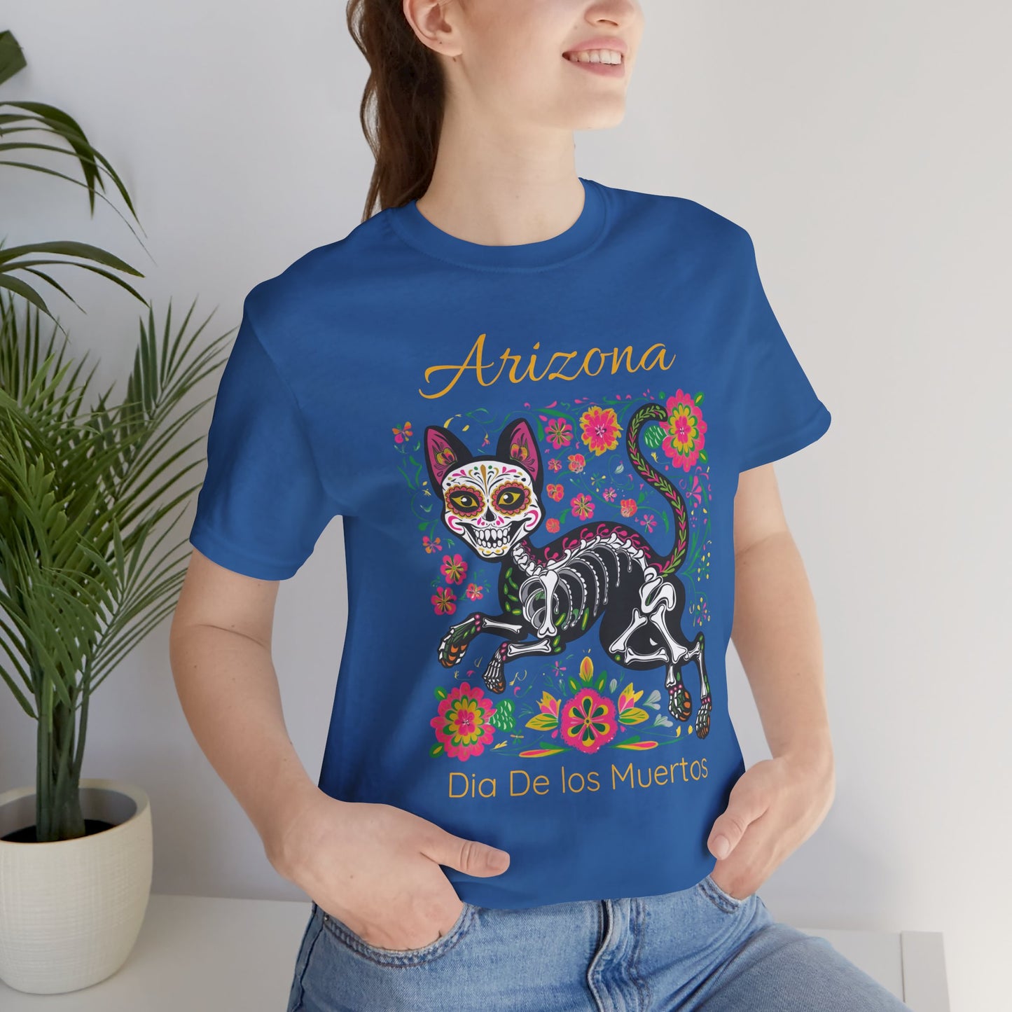Día de los Muertos Cat Tee: Unisex Jersey Short Sleeve Tee, Halloween Shirt, Arizona Apparel, Festival T-Shirt, Cultural Celebration Top