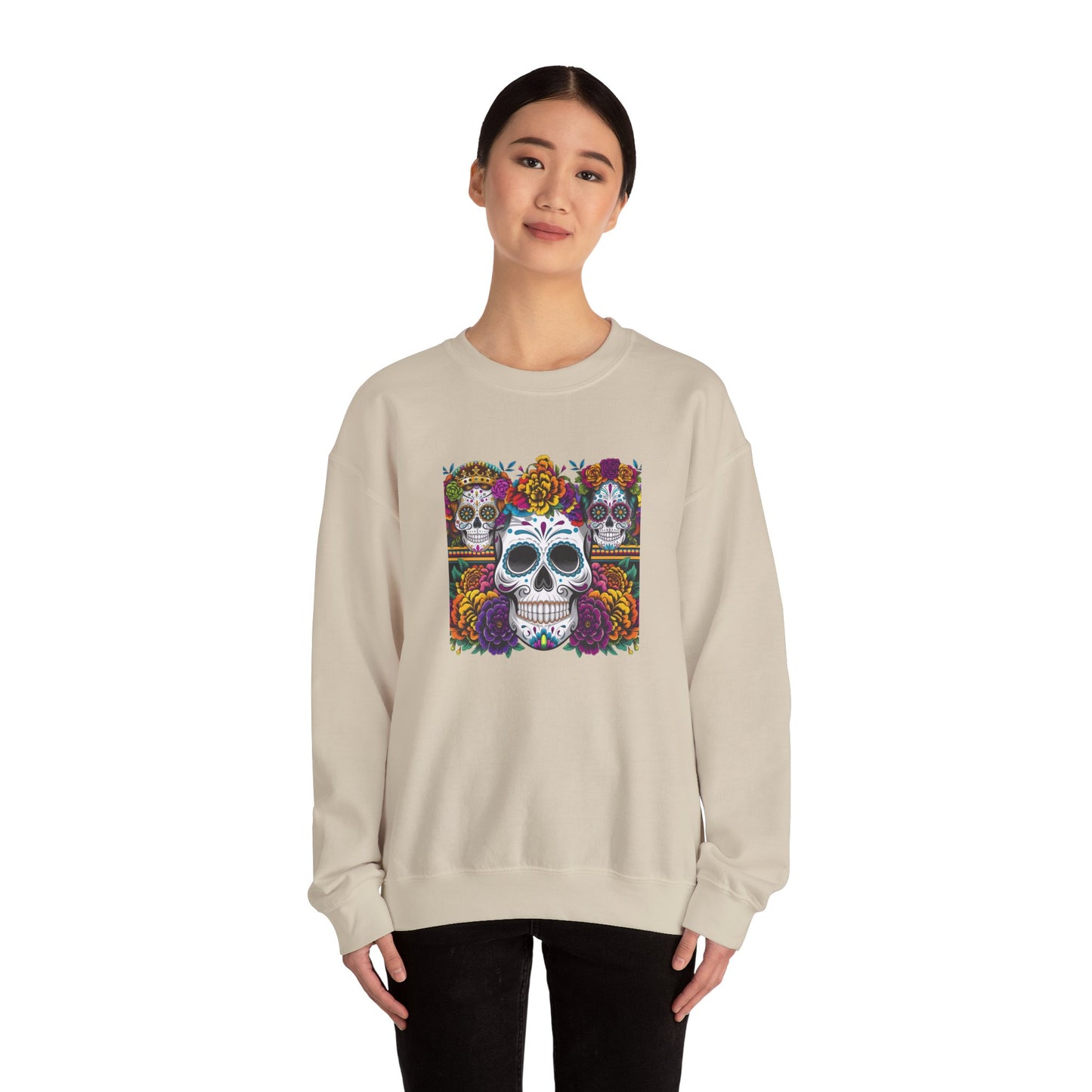 Sugar Skull Crewneck Sweatshirt, Cozy Sweatshirt, Day of the Dead Gift, Unisex Sweatshirt, Halloween Apparel, Colorful Sweatshirt