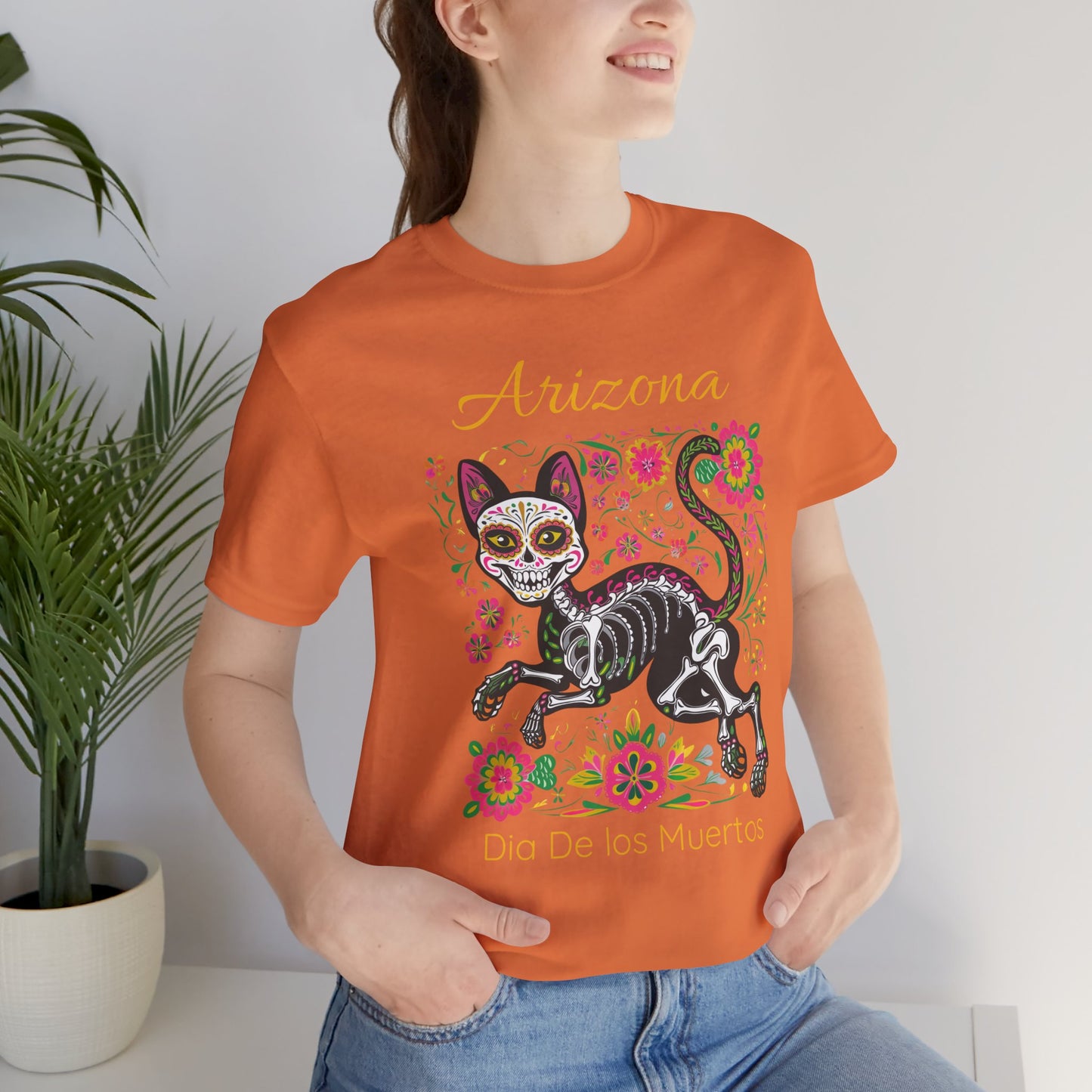 Día de los Muertos Cat Tee: Unisex Jersey Short Sleeve Tee, Halloween Shirt, Arizona Apparel, Festival T-Shirt, Cultural Celebration Top