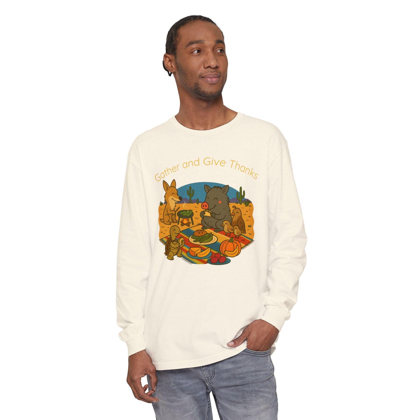 Thanksgiving Gather and Give Thanks Long Sleeve T-Shirt, Cute Sonoran Desert animal Design, Fall Apparel, Unisex Casual Wear, Holiday Gift
