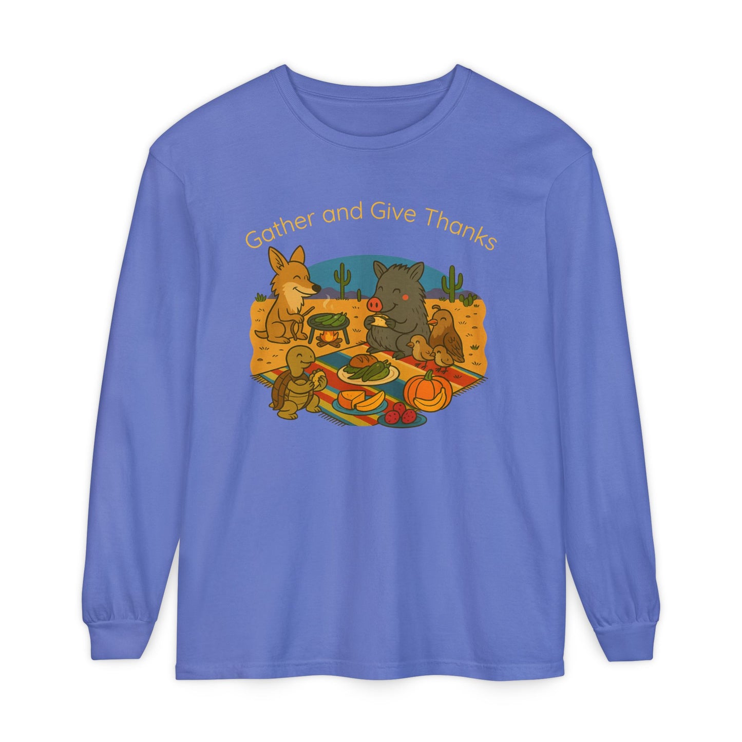 Thanksgiving Gather and Give Thanks Long Sleeve T-Shirt, Cute Sonoran Desert animal Design, Fall Apparel, Unisex Casual Wear, Holiday Gift
