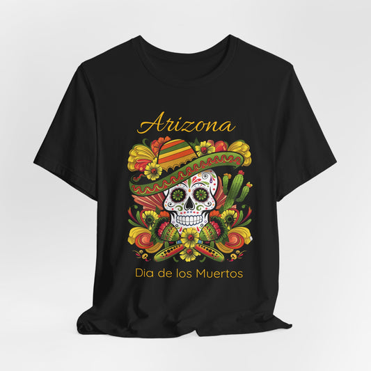Dia de los Muertos Unisex Jersey Tee, Colorful Skull T-Shirt, Arizona Design, Holiday Apparel, Casual Wear, Gifts for Him and Her