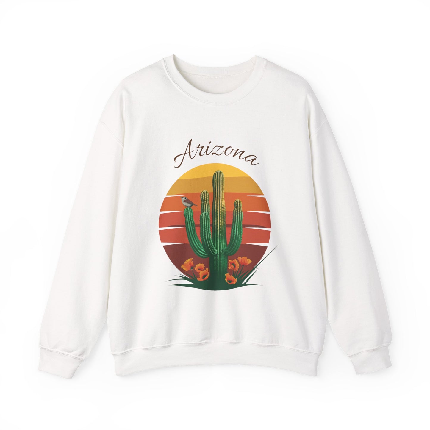 Crewneck Sweatshirt with Saguaro, Arizona Poppy, and Cactus Wren Design