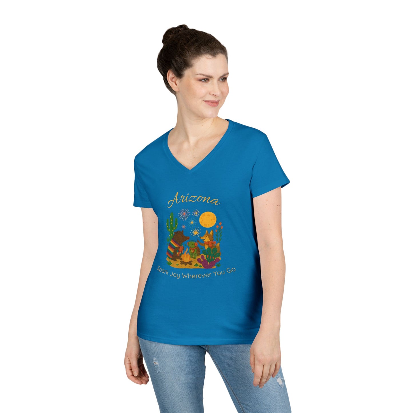 Arizona Sun Ladies' V-Neck T-Shirt, SPark Joy, Southwest Vibe Tee, Cute Animal Design, Gift for Nature Lovers, Summer Casual Wear