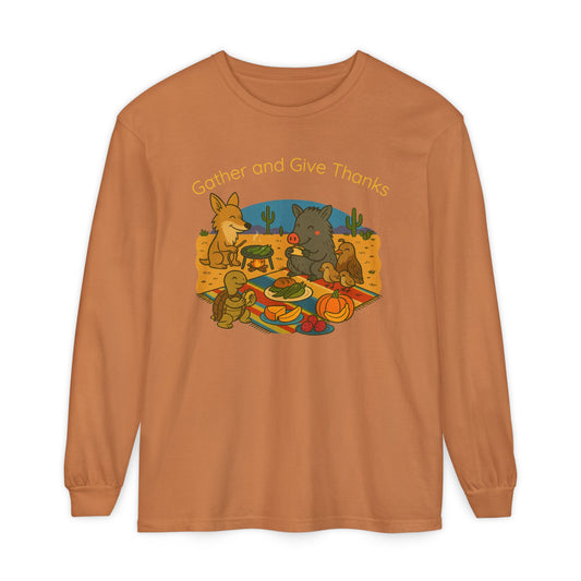 Thanksgiving Gather and Give Thanks Long Sleeve T-Shirt, Cute Sonoran Desert animal Design, Fall Apparel, Unisex Casual Wear, Holiday Gift