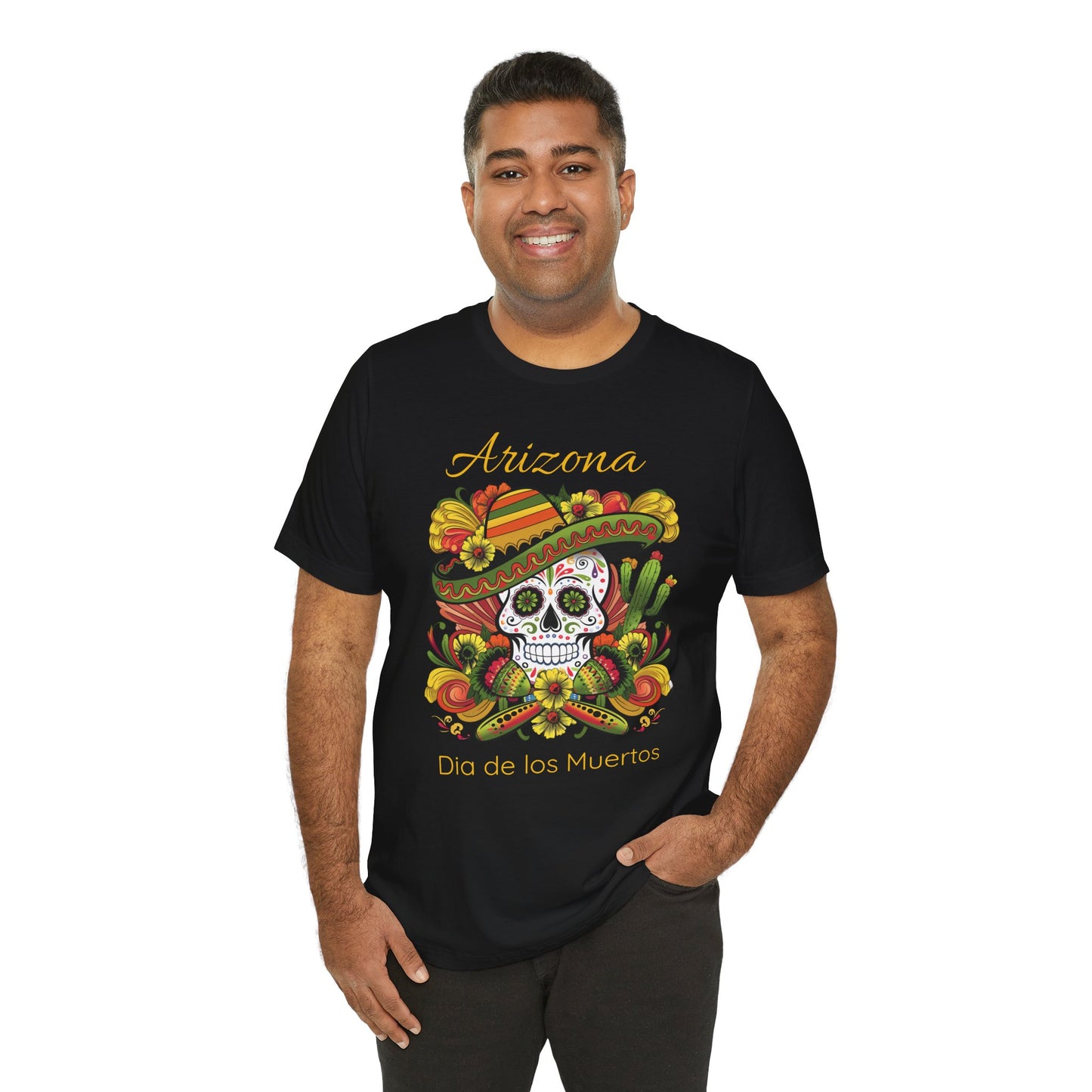 Dia de los Muertos Unisex Jersey Tee, Colorful Skull T-Shirt, Arizona Design, Holiday Apparel, Casual Wear, Gifts for Him and Her