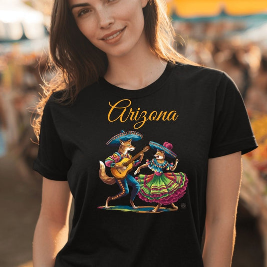 Whimsical Desert Tee, Coyote and Bobcat Spanish dancers, nature, lover, wildlife of the Sonoran Desert