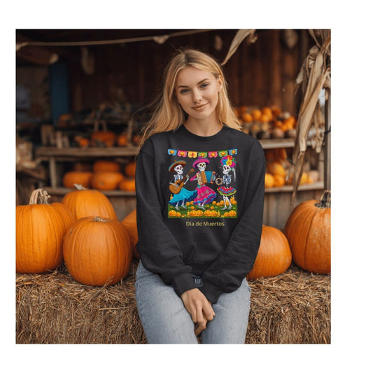 Dia De Muertos 3 Dancing Skeletons Sweatshirt, Festive Crewneck for Celebrations, Halloween, Day of the Dead Apparel, Unique Gift for Her, Cozy Fall Fashion