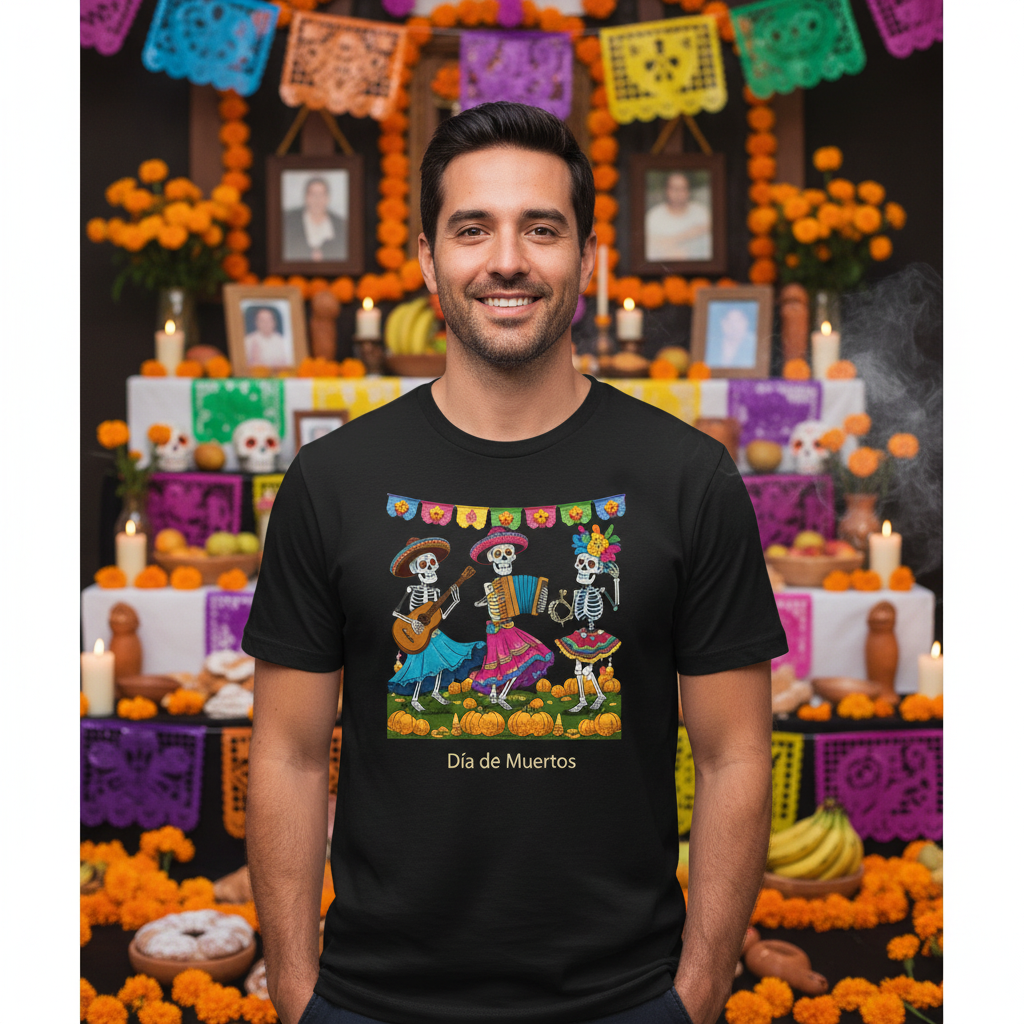 Dia de los Muertos Skeleton Tee, Mexican Folklore Unisex Shirt, Day of the Dead Short Sleeve Top, Dancing Skeletons T-Shirt, Mexican Culture