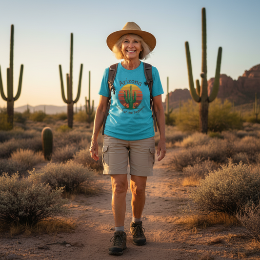 Arizona Land of Saguaro Sunset and Poppy Tee, Unisex Short Sleeve T-Shirt, Southwestern Style, Travel Gift, Casual Summer Wear, Nature Lover Apparel
