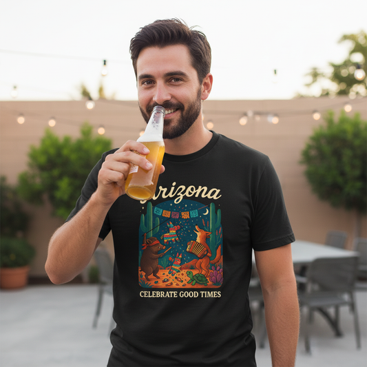 Desert Wildlife T-Shirt – Sonoran Desert Arizona coyote and javelina dancing at Pinata Party, Celebrate Good Times