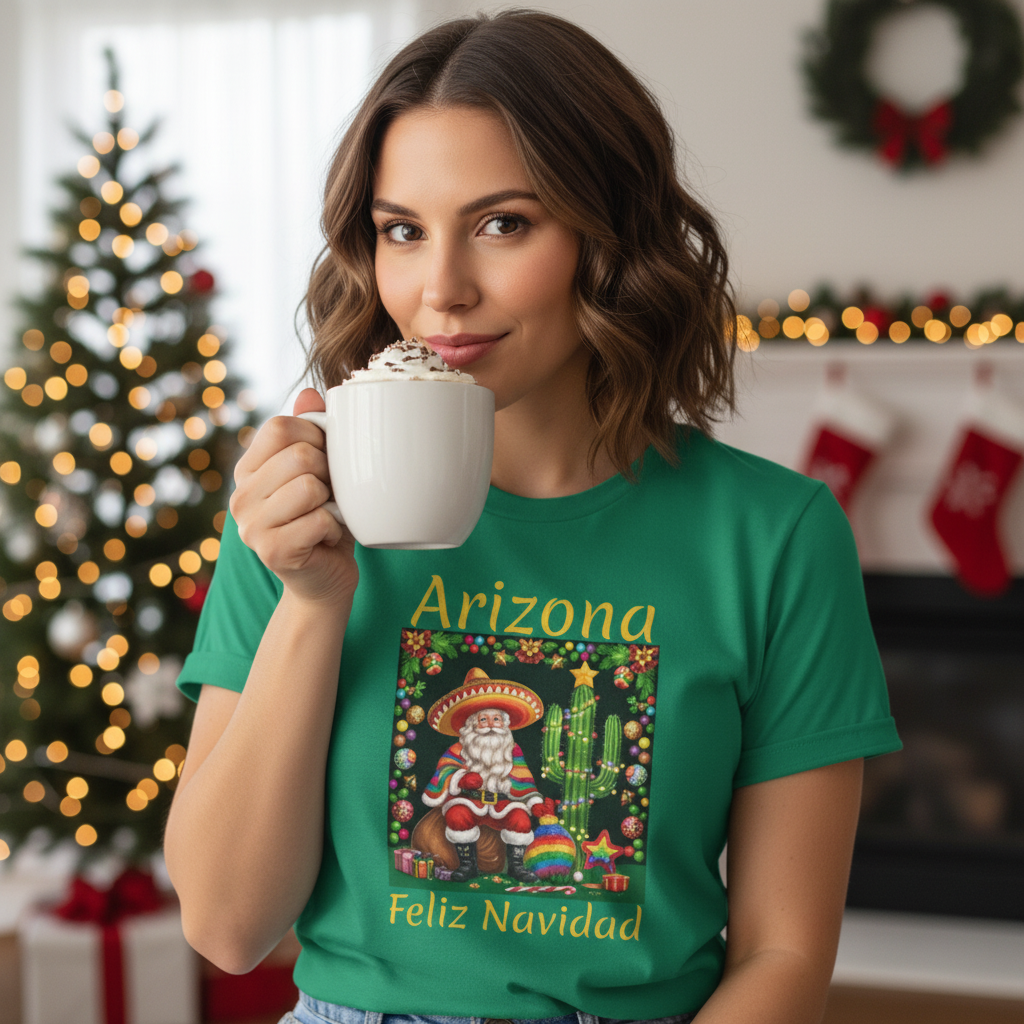 Unisex short sleeve T-Shirt - Arizona Santa in Sombrero Feliz Navidad Design, Arizona Christmas souvenir