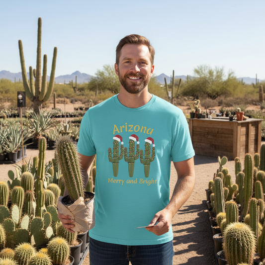 Arizona Christmas Saguaro cactus with festive lights and Santa caps, Unisex Cactus Tee, Holiday souvenir