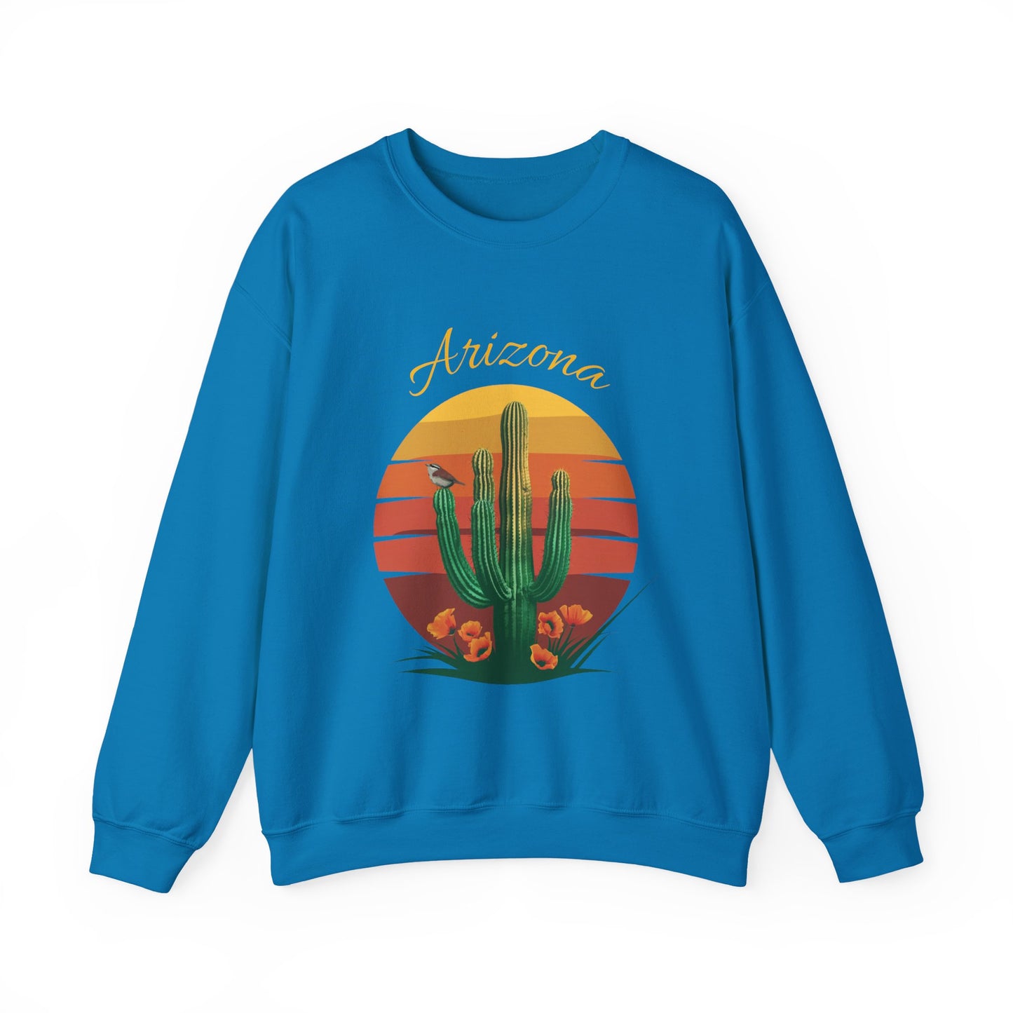 Crewneck Sweatshirt with Saguaro, Arizona Poppy, and Cactus Wren Design