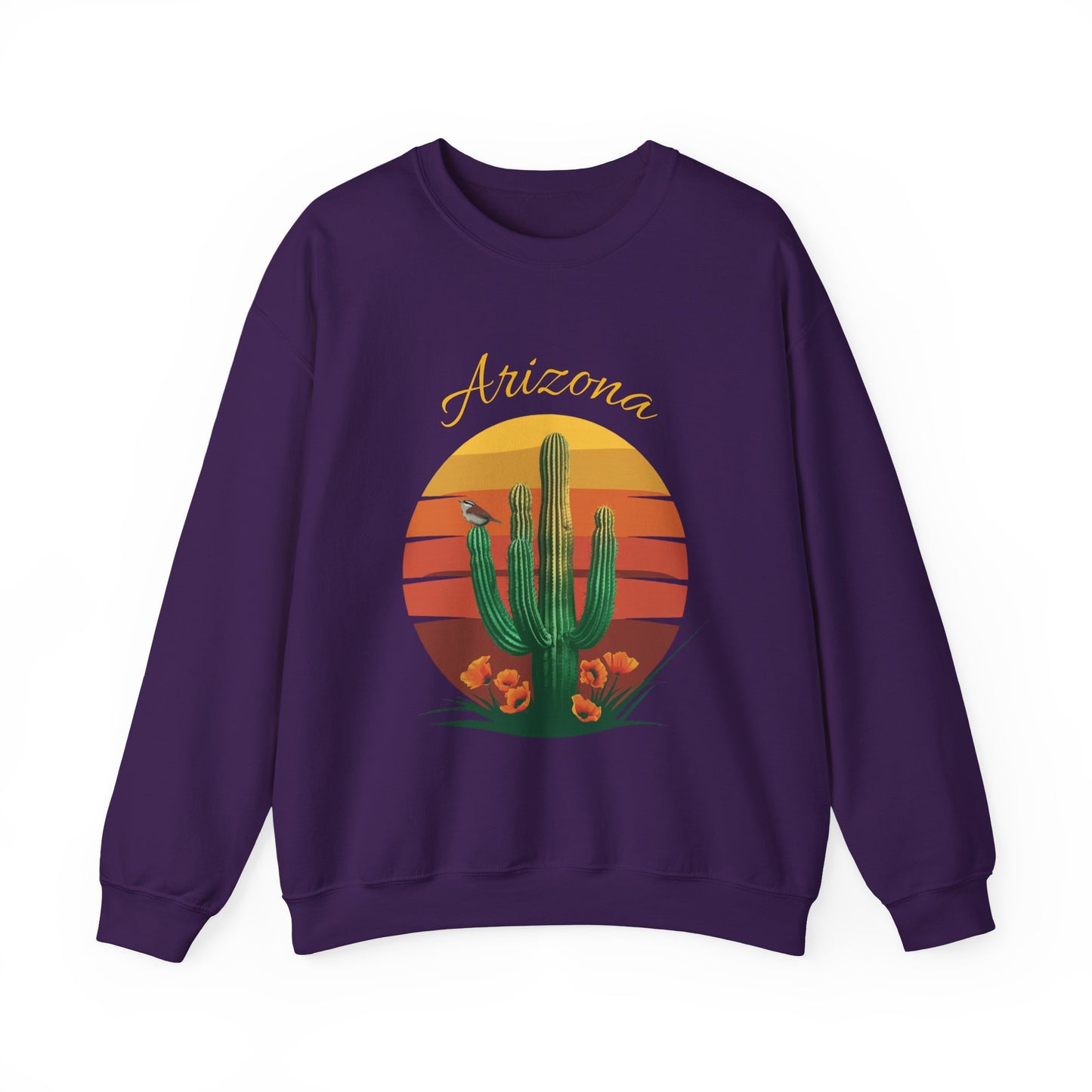 Crewneck Sweatshirt with Saguaro, Arizona Poppy, and Cactus Wren Design