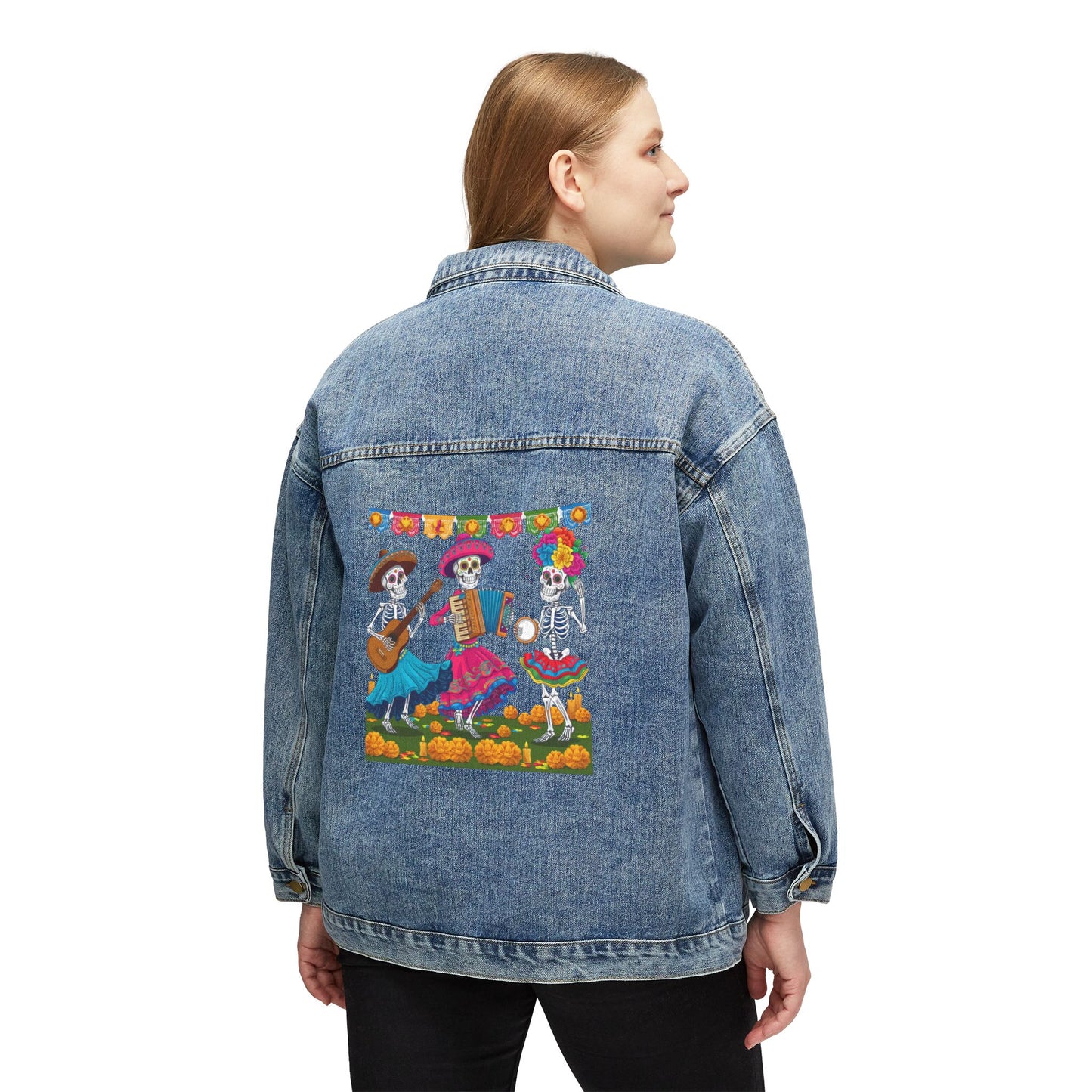 Day of the Dead Denim Jacket, Women's Fall Jacket, Casual Layering Piece, Festival Wear, Unique Gift Idea, Bohemian Style Jacket