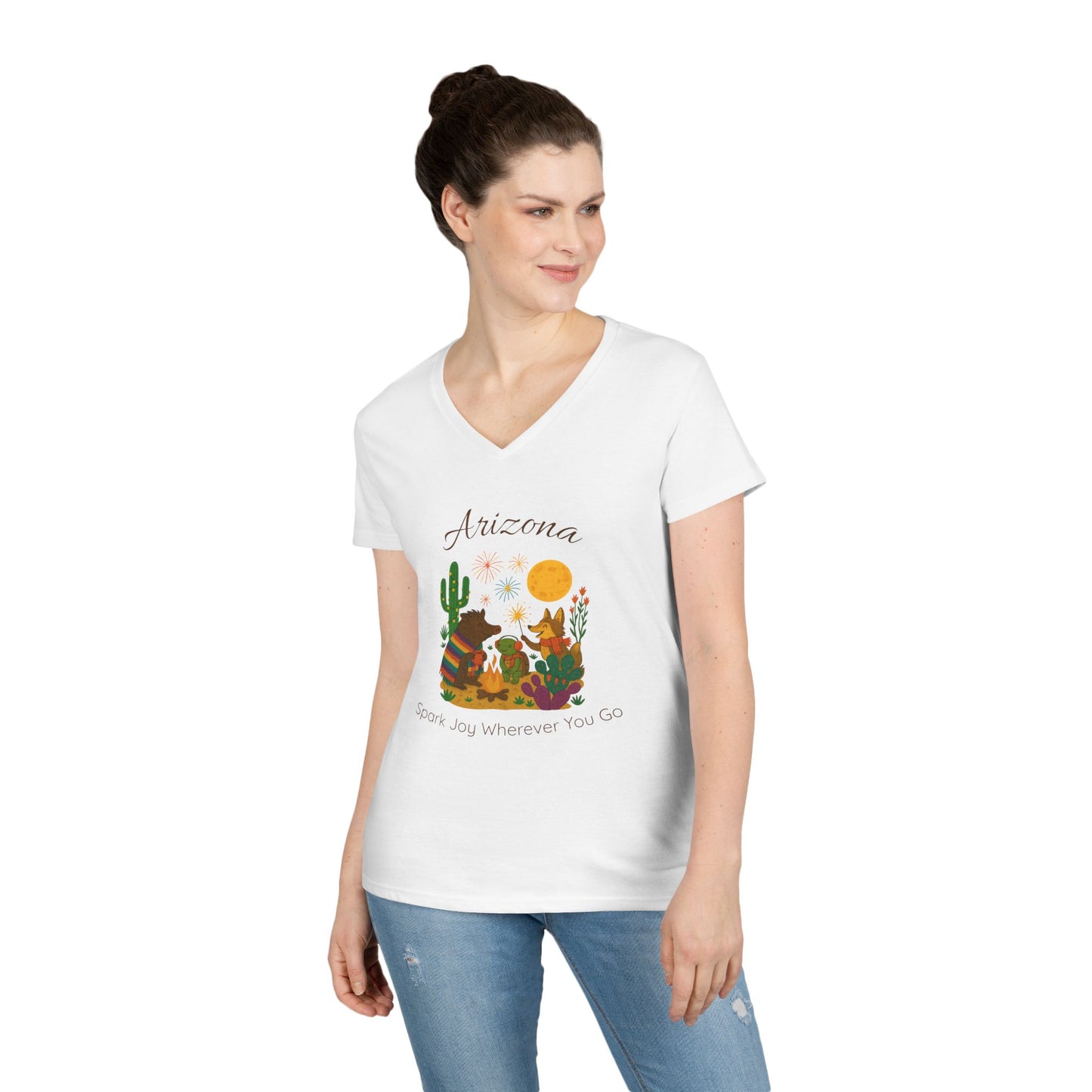 Arizona Sun Ladies' V-Neck T-Shirt, SPark Joy, Southwest Vibe Tee, Cute Animal Design, Gift for Nature Lovers, Summer Casual Wear