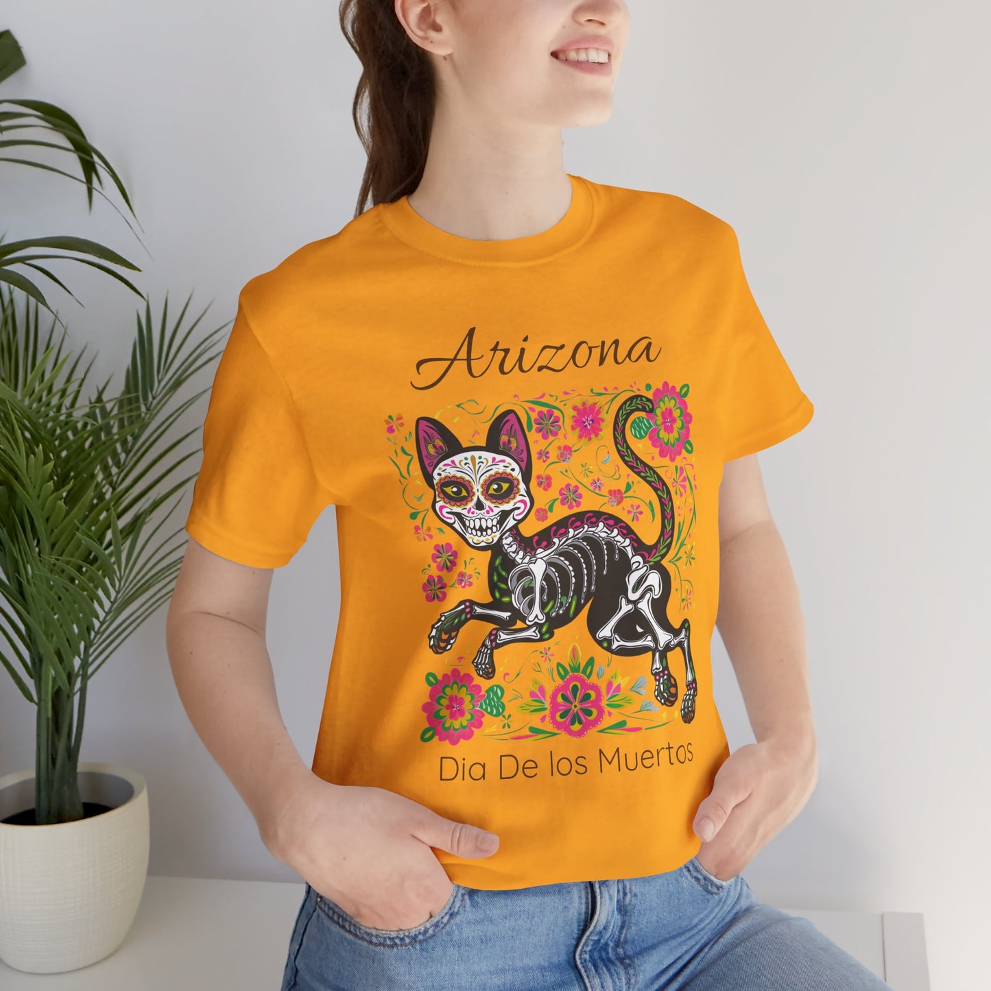 Día de los Muertos Cat Tee: Unisex Jersey Short Sleeve Tee, Halloween Shirt, Arizona Apparel, Festival T-Shirt, Cultural Celebration Top