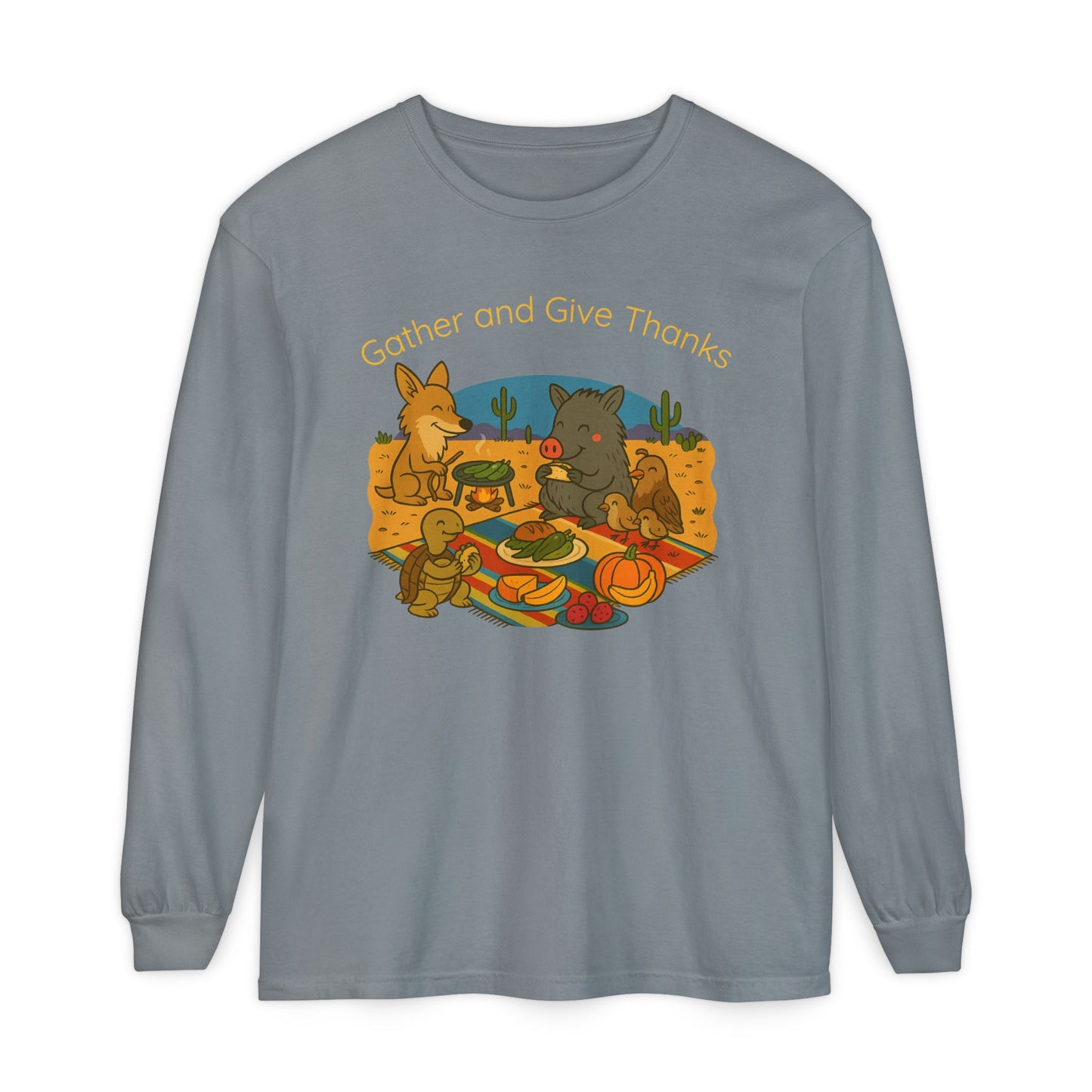 Thanksgiving Gather and Give Thanks Long Sleeve T-Shirt, Cute Sonoran Desert animal Design, Fall Apparel, Unisex Casual Wear, Holiday Gift